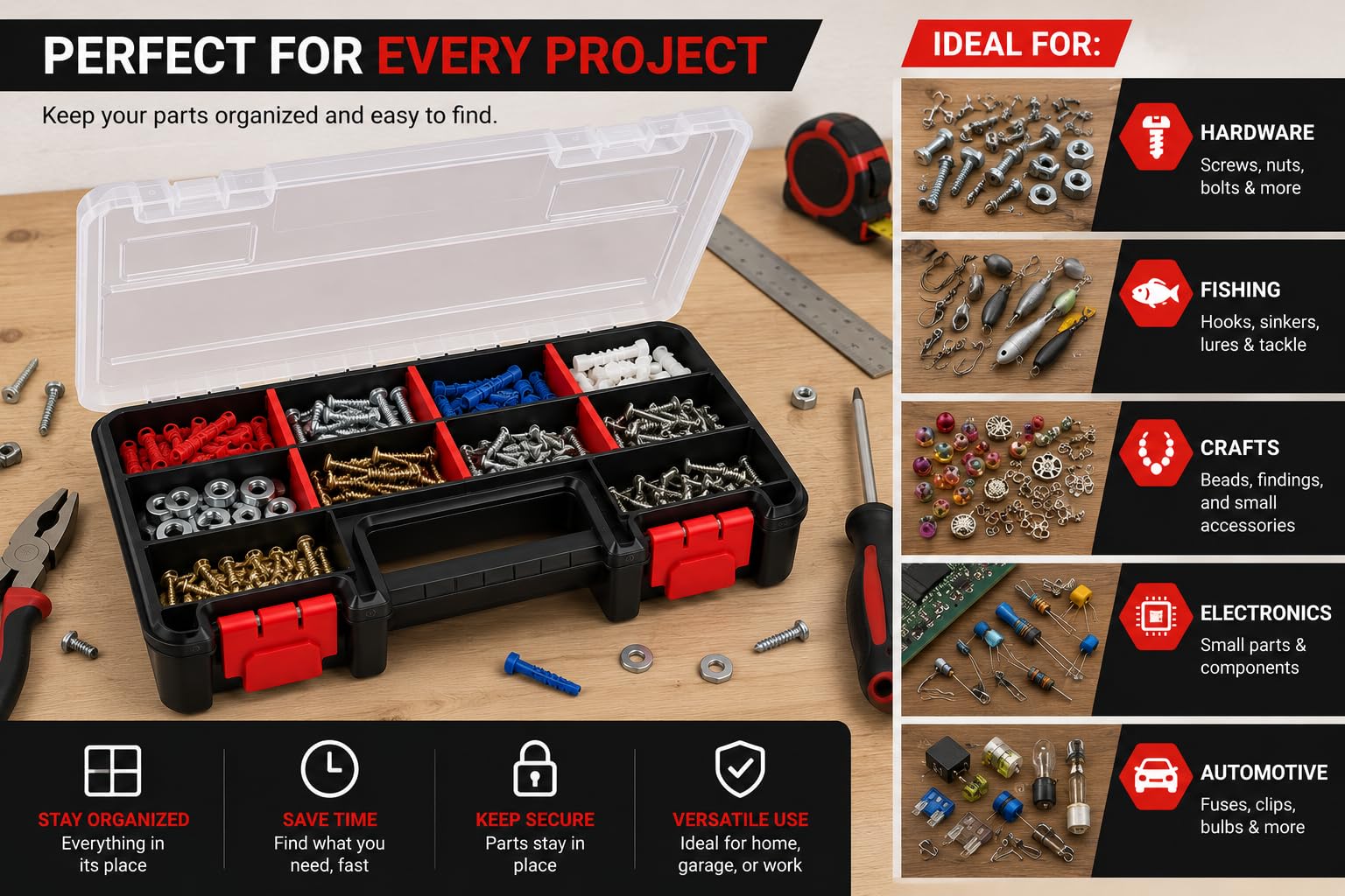 Compact Parts Organizer Box – Small Hardware Storage Case with 9 Compartments & 5 Dividers – Durable Nylon Screw, Bolt, Craft Organizer for Toolbox, Drawer, or Garage Use