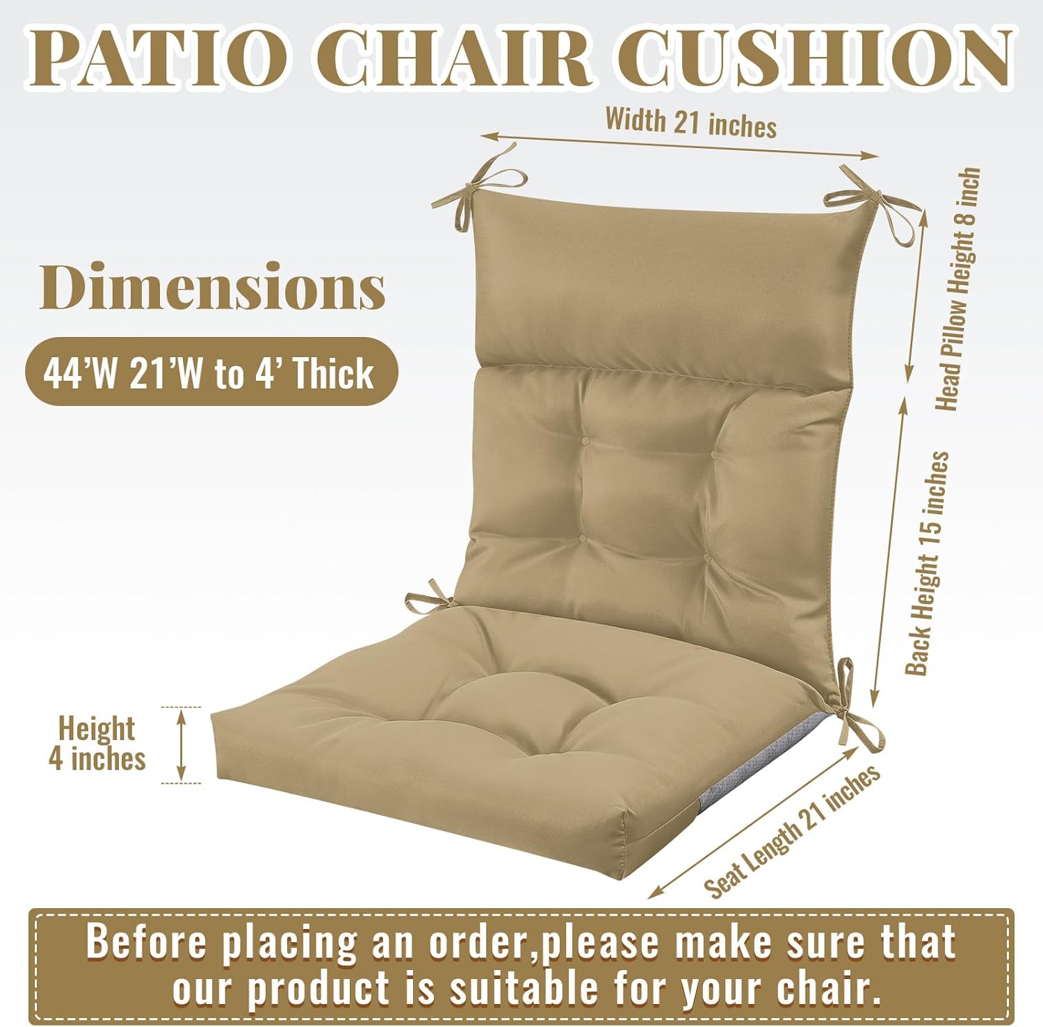 sintuff 4 pcs 44 x 21 x 4 patio chair cushions outdoor chair cushion seat/back tufted pillow with ties water resistant replacement indoor patio furniture outdoor furniture (solid color,brown) solid color brown 4