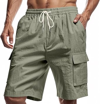 ZOCAVIA Mens Cargo Shorts Solid Lightweight Casual Drawstring Elastic Waist Summer Beach Vacation Linen Shorts with Pockets