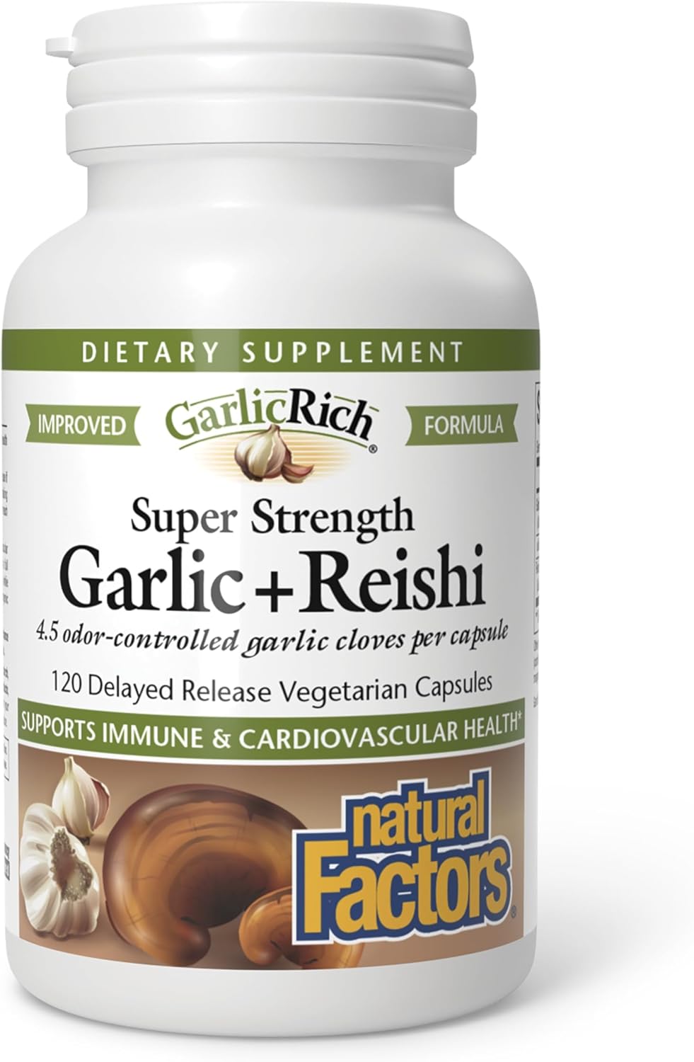 Natural Factors GarlicRich, Super Strength Garlic + Reishi, 120 Delayed Release Vegetarian Capsules Natural Factors GarlicRich, Super Strength Garlic + Reishi, 120 Delayed Release Vegetarian Capsules