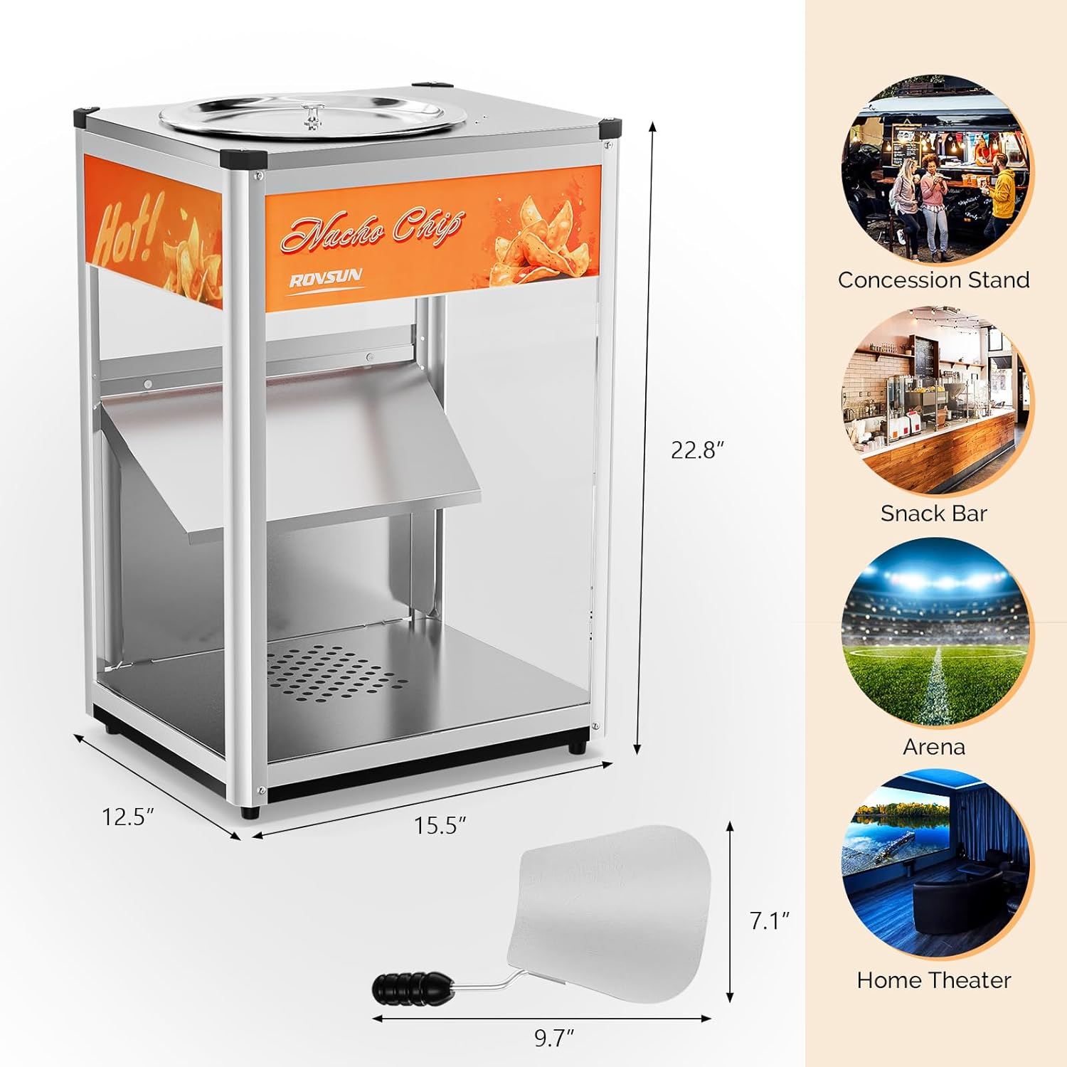 ROVSUN Nacho Machine Food Warmer, Nacho Chip Warmer Countertop Display Case with Warming Light, Removable Deflection, Glass Door, Scoop for Nacho Chips Peanuts Popcorn Stainless Steel