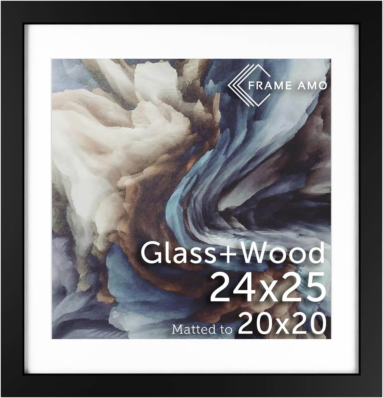 Frame Amo 24x25 Black Solid Wood Poster Frame, White Mat for 20x20 Image, Tempered Glass Front, 1.5 inch Wide, 1 inch Thick, High-End, Heavy-Duty, Gallery Grade & Acid-Free