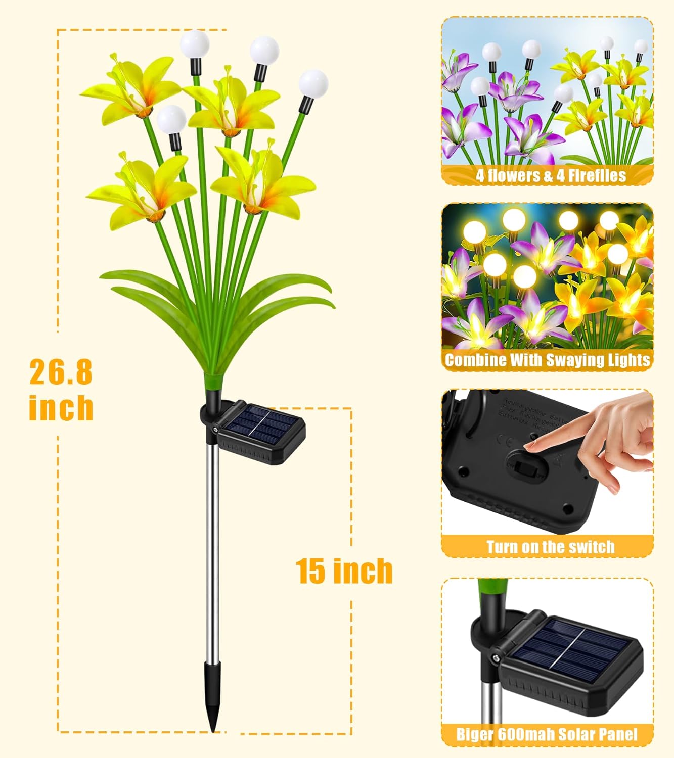 Solar Lights Outdoor Waterproof Garden Decor,4 Packs Lily Flowers Firefly Lights,Birthday Gifts for Women Mom,Solar Flowers Decorative Lights for Outside Yard Lawn Patio Porch Decorations