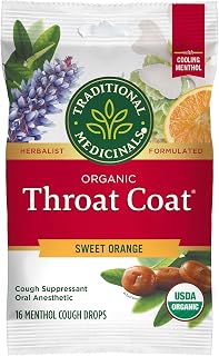 Traditional Medicinals Organic, Throat Coat Lozenges, Sweet Orange with Menthol - Herbal Cough Drops, Helps Soothe Sore Throat & Relieve Cough - Non-GMO, Stimulant-Free - 16 Count