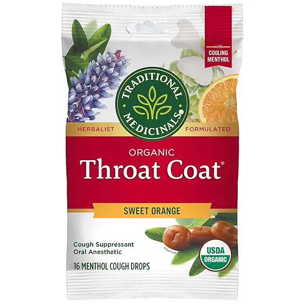 Traditional Medicinals Organic, Throat Coat Lozenges, Sweet Orange Fennel with Menthol - Herbal Cough Drops, Helps Soothe Sore Throat & Relieve Cough - Non-GMO, Stimulant-Free - 16 Count 1
