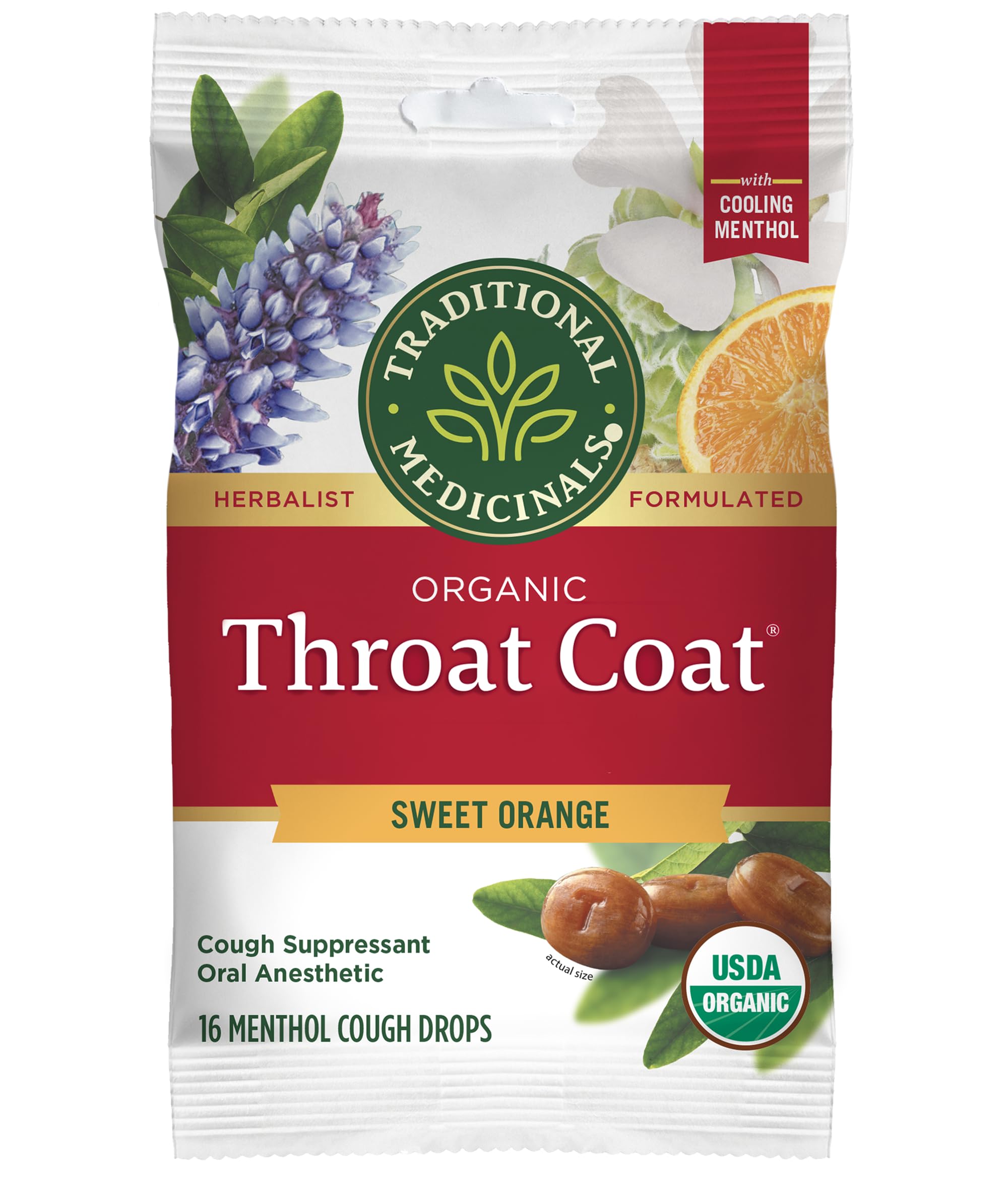 Traditional Medicinals Organic, Throat Coat Lozenges, Sweet Orange with Menthol - Herbal Cough Drops, Helps Soothe Sore Throat &amp; Relieve Cough - Non-GMO, Stimulant-Free - 16 Count