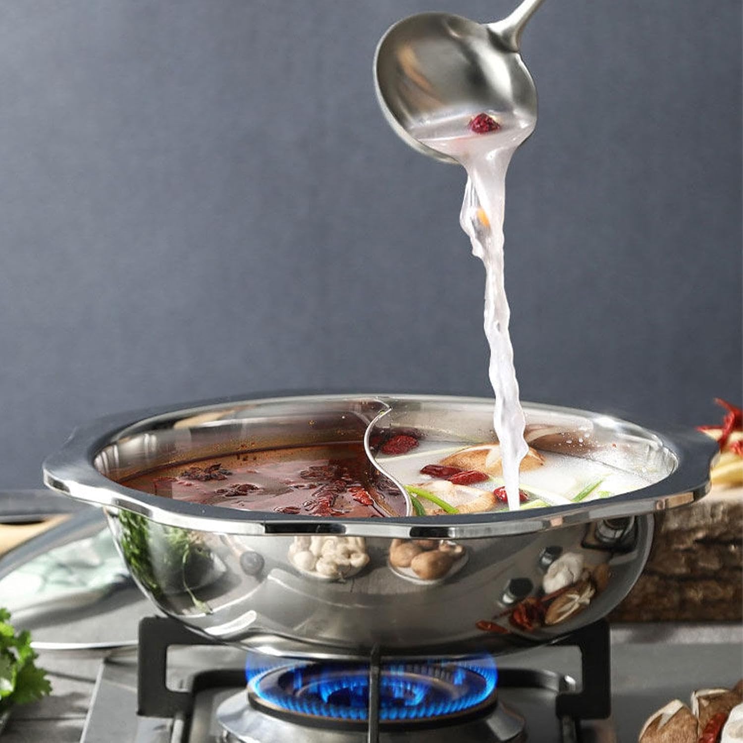 Fenteer Stainless Steel Shabu Shabu Pot Double Favor Versatile Chinese Mandarin Duck Pot Soup Cookware for Kitchen Camping Commercial, L