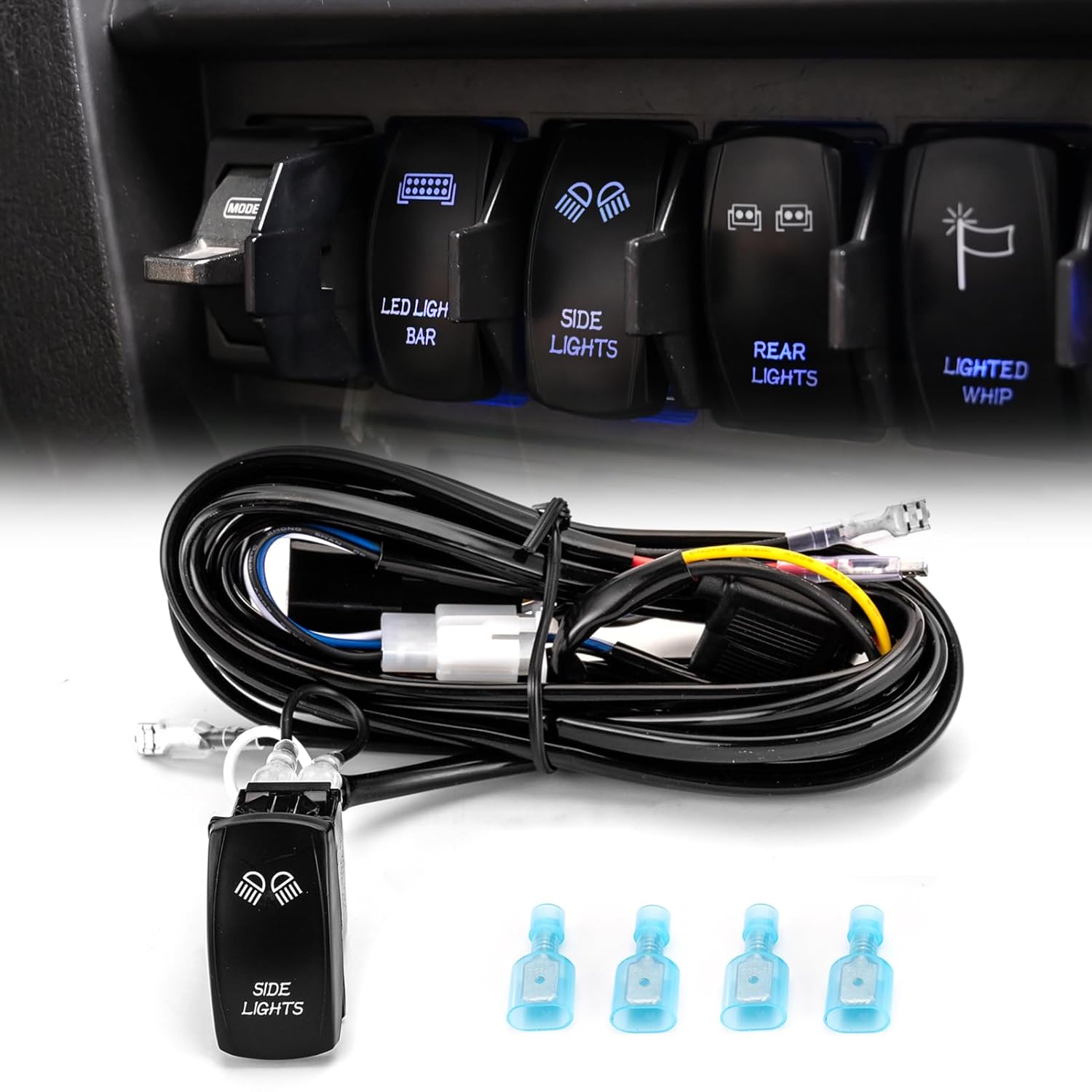 WeiSen 180W Plug & Play Side Lights Wiring Harness Kit with Pulse Power Bar Plug Connector Relay Fuse, 16AWG 2 Lead 12V On Off Rocker Switch Compatible with Polaris RZR General Ranger Pulse Bus bar