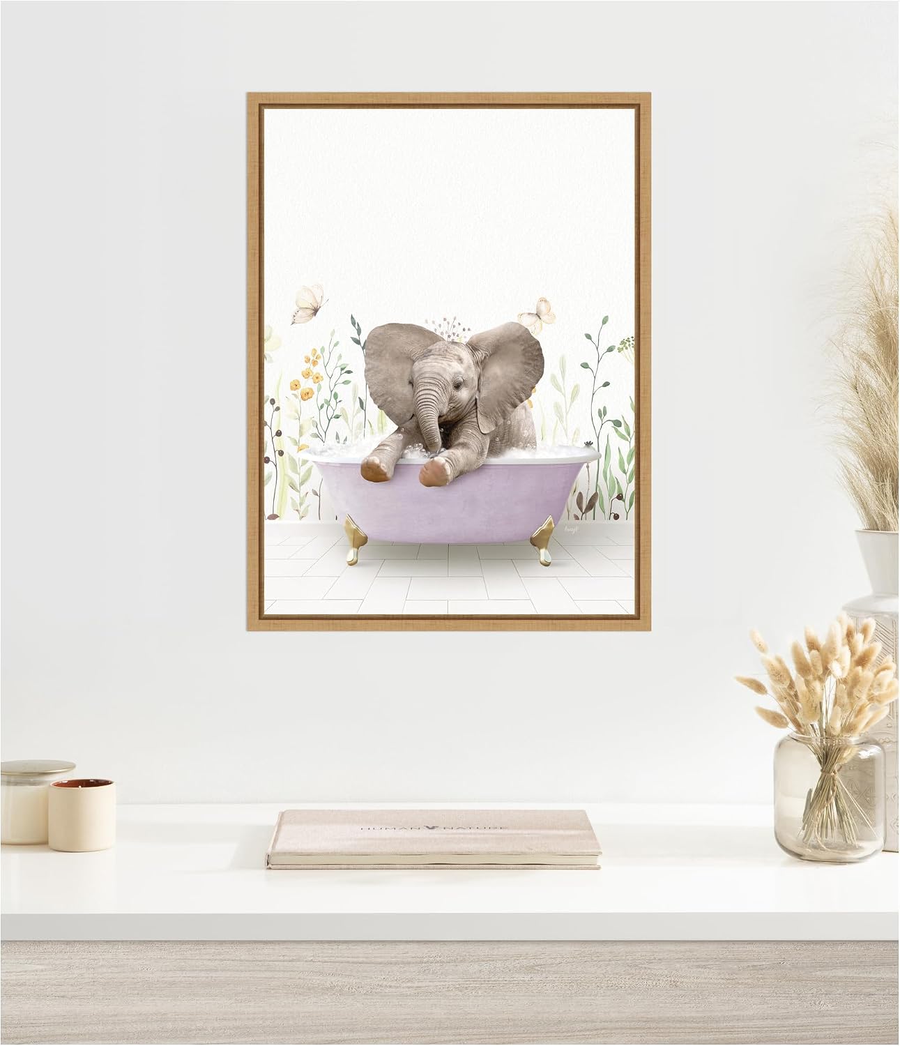 Kate and Laurel Baby Elephant 6 in Spring Bathtub Framed Canvas Wall Art by Amy Peterson 18 x 24 Sylvie Natural, Whimsical, Animals, Kids, Nature Art for Wall Decor, Living Room, Bedroom