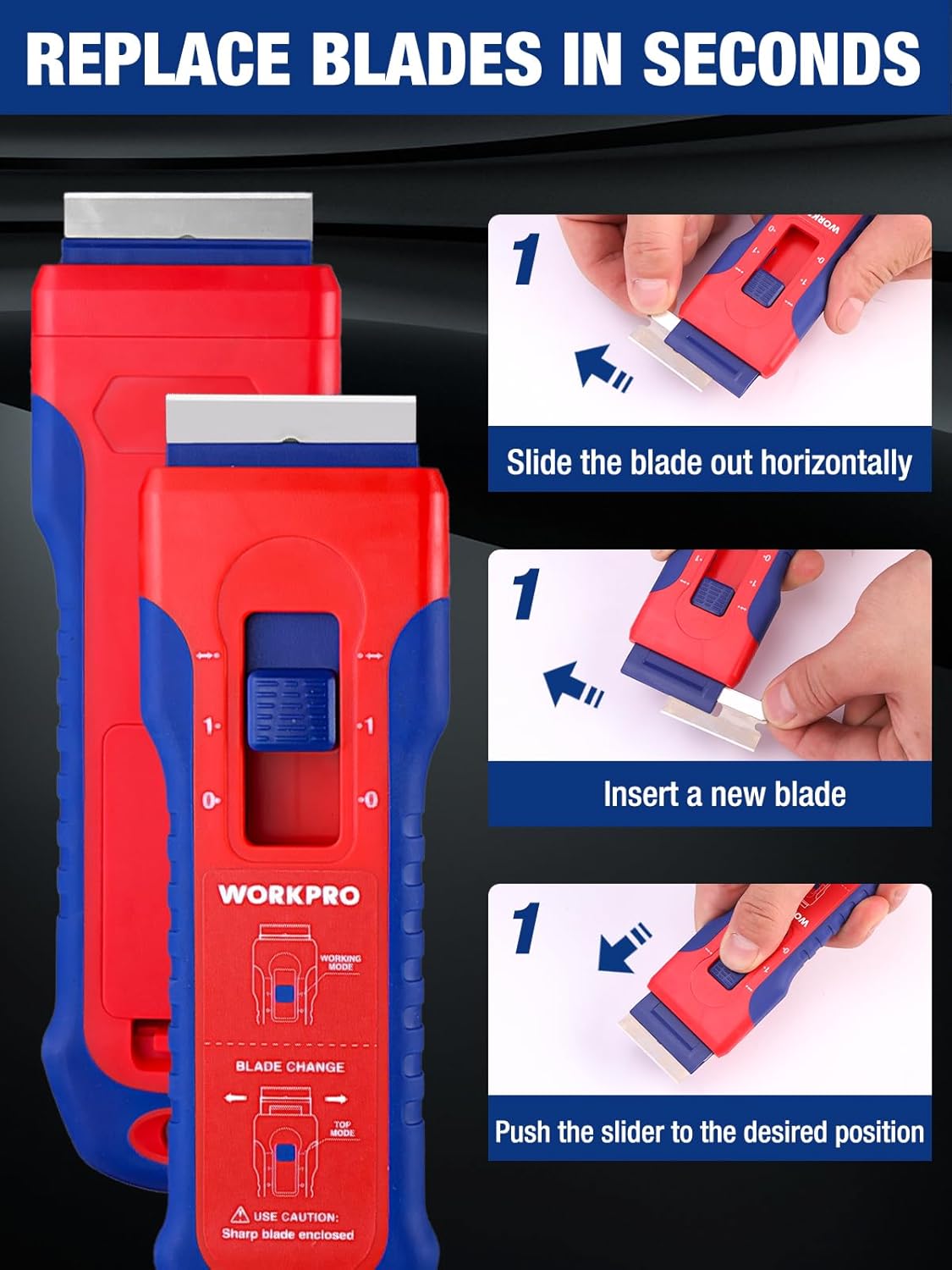 WORKPRO Retractable Razor Blade Scraper with 56 Blades, Built-in Storage Cleaning Scraper Tool for Paint Stickers Adhesive Glass Ceramic Wood