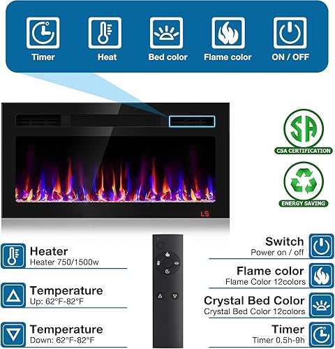 Miniatura 4 de Chimenea eléctrica de espejo ultrafina de 40 pulgadas para empotrar en la pared y montar en la pared, chimenea lineal con pantalla táctil y control
