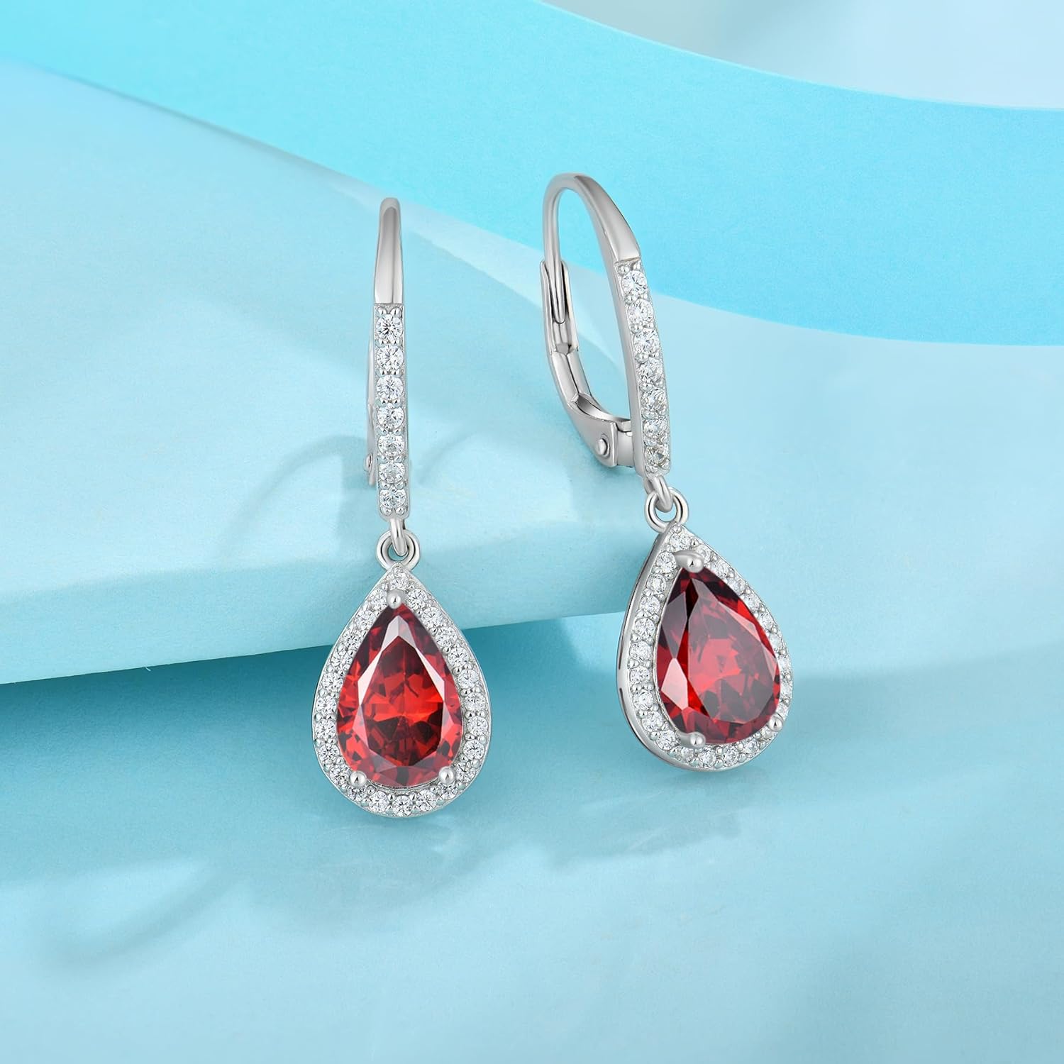 FJ Teardrop Dangle Drop Earrings 925 Sterling Silver Halo Leverback Earrings Birthstone Jewelry Gifts for Women - Image 4