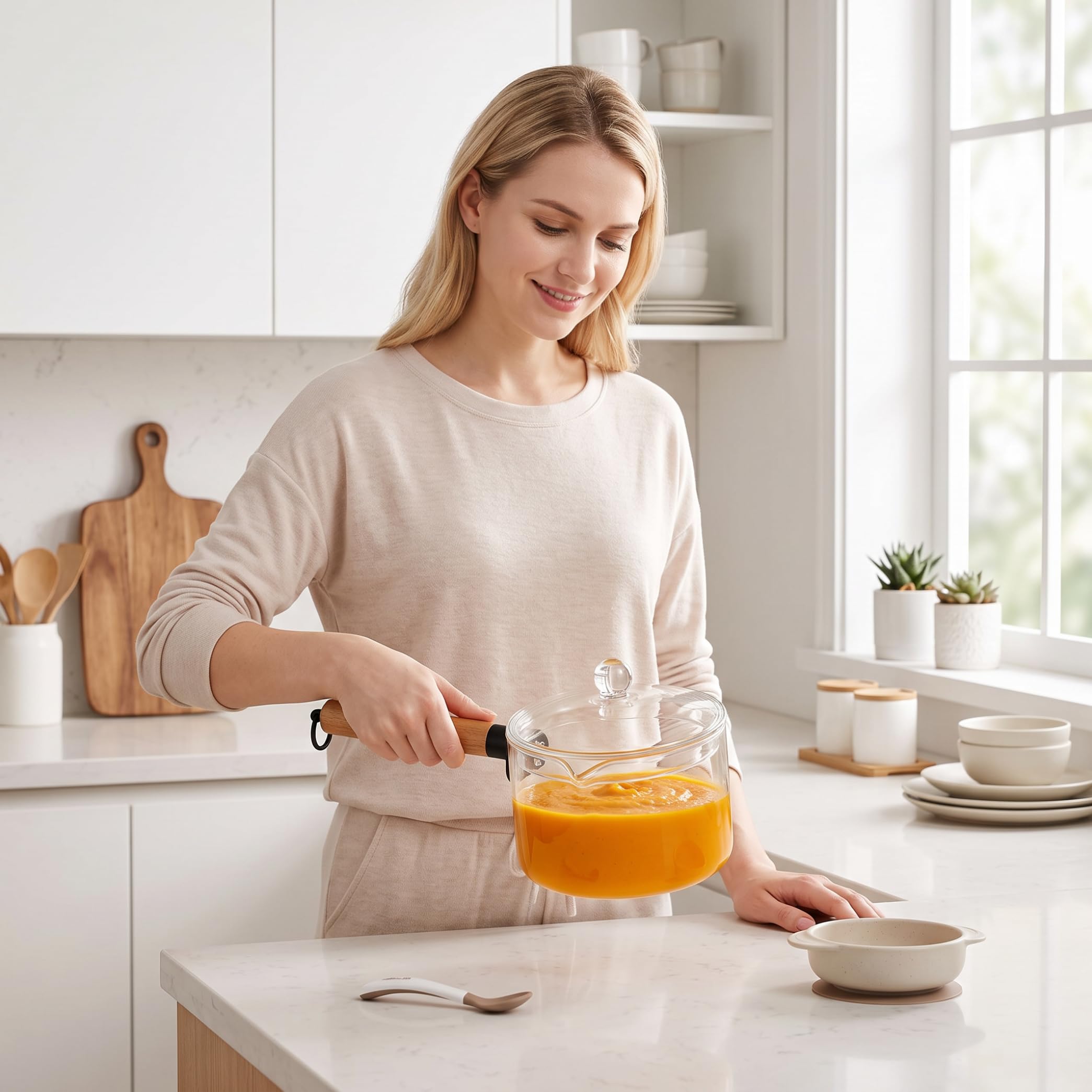 Pentola per il latte con manico in legno Pentole in vetro trasparente da 1900 ml per cucinare sul fornello