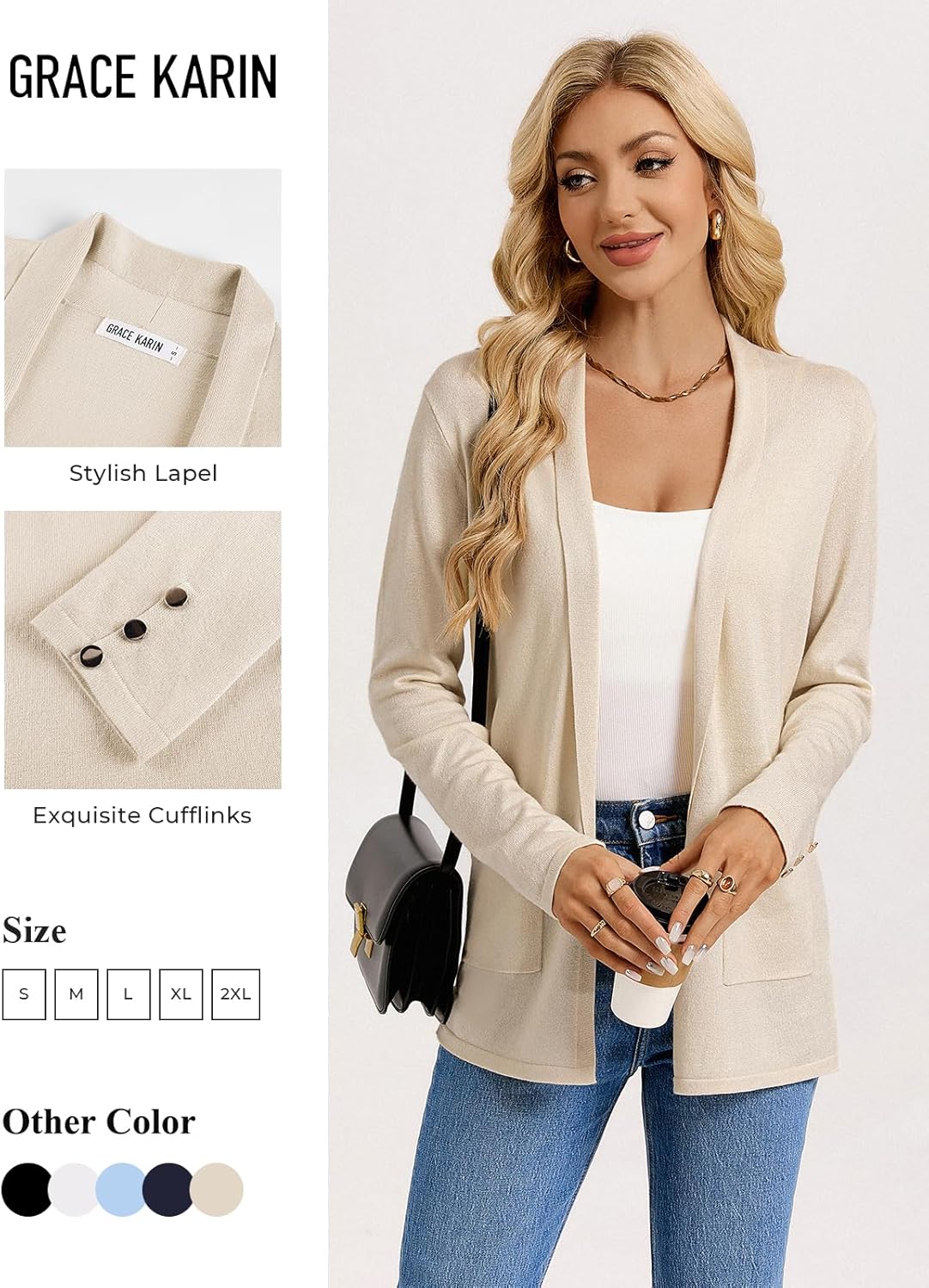 GRACE KARIN Long Cardigans for Women, Long Sleeve Open Front Cardigan Sweaters, Lightweight Spring Jacket with Pockets - Image 4