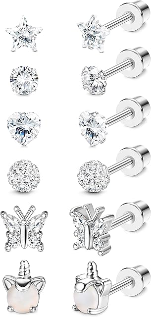YADOCA 6 Pairs Girls Earrings for Women 316L Stainless Steel Hypoallergenic Screw Back Earrings Cubic Zirconia Earrings Ball Heart CZ Butterfly Stud Earrings Set Tragus Cartilage Jewelry