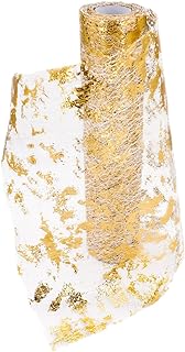 Chemin De Table Filet avec Feuille d'or,28cmx10m Chemin De Table Polyester,Ruban De Table Métallisé Décoration pour Fête,Célébrations,Anniversaire, Mariage, Noël, Fêtes De Bébé,DIY,etc.