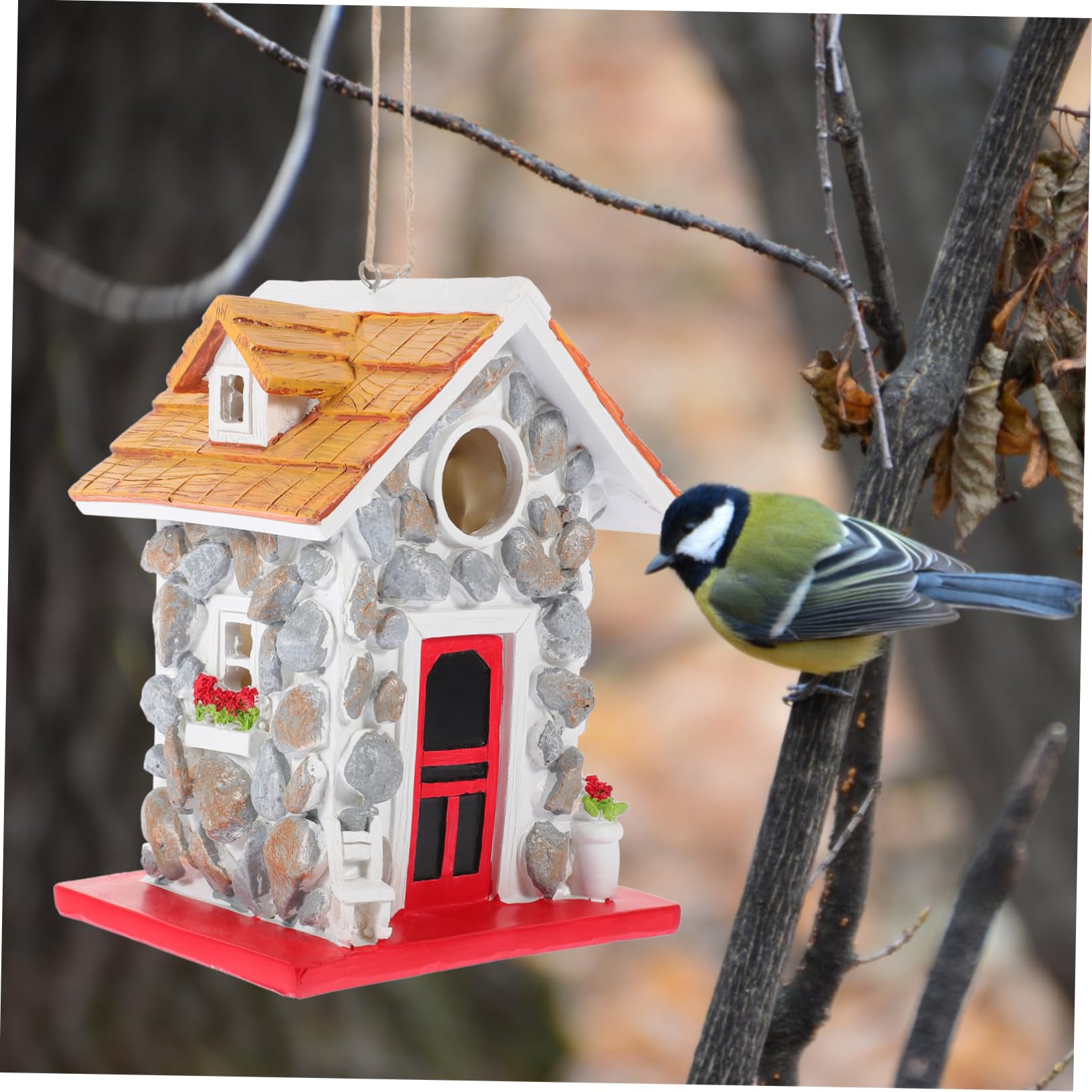 Hohopeti Casa de Pájaros Exterior de Resina Resistente Casita para Nido de Aves Pequeñas Colgante Decorativo para Jardín Refugio Seguro para Anidación y Descanso