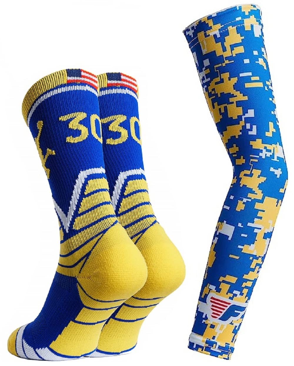 Forever Fanatics Basketball Socks For Men & Boys Crew Socks With Basketball Arm Sleeve - Made in USA (30 Royal/Gold, 6-10 Years)