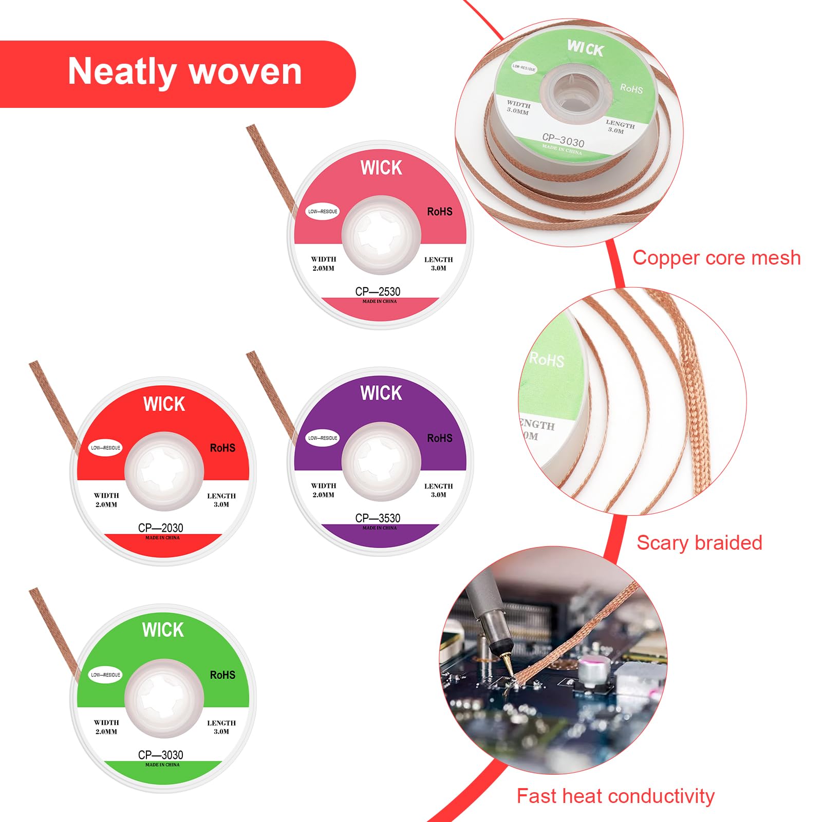 Set di 4 pezzi di saldatura dissaldante in rame, filo dissaldante No-Clean 2 mm 2,5 mm 3 mm 3,5 mm rimozione dello stagno di saldatura per smontare componenti elettrici
