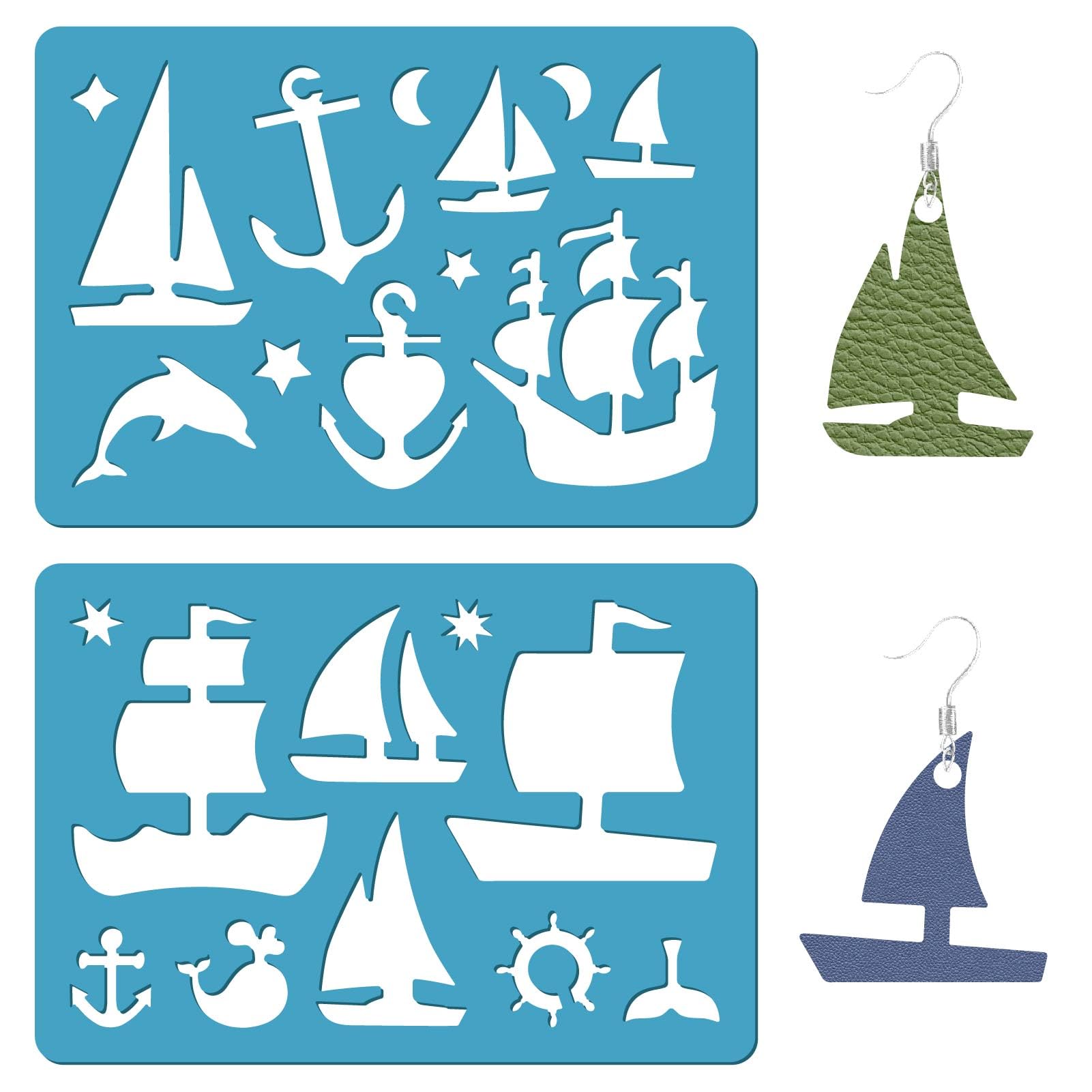 GORGECRAFT 2 Styles Sailboat Earrings Stencil Reusable Cutting Cutouts Stencils Compass Anchor Nautical Dolphin Acrylic Template for DIY Craft Painting Jewelry Leather Bracelet Earrings Making