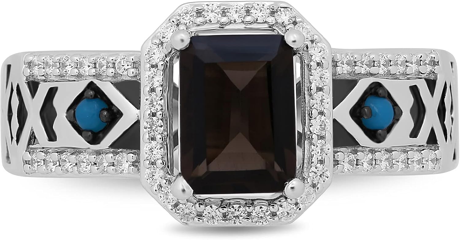 Jewelili Enchanted Disney Fine Jewelry Sterling Silver 7x5 MM Octagon Smokey Quartz and 1.5 MM Cabochon Round Turquoise with 1/5 Cttw Natural White Round Diamond Pocahontas Ring