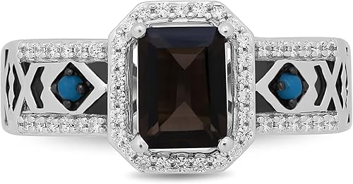 Miniatura 2 de Jewelili Enchanted Disney Fine Jewelry - Anillo de plata de ley de cuarzo ahumado octágono de 0.07 x 0.15 pulgadas y cabujón redondo turquesa con 15