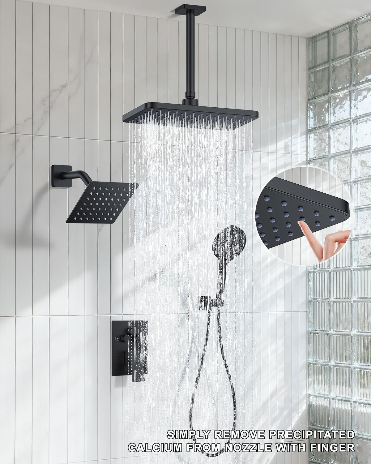 KOJOX Matte Black Dual Shower Head System – 11" Ceiling Rainfall + 6" Wall Mount Heads, 6-Mode Handheld Spray, Push-Button Diverter Faucet Set