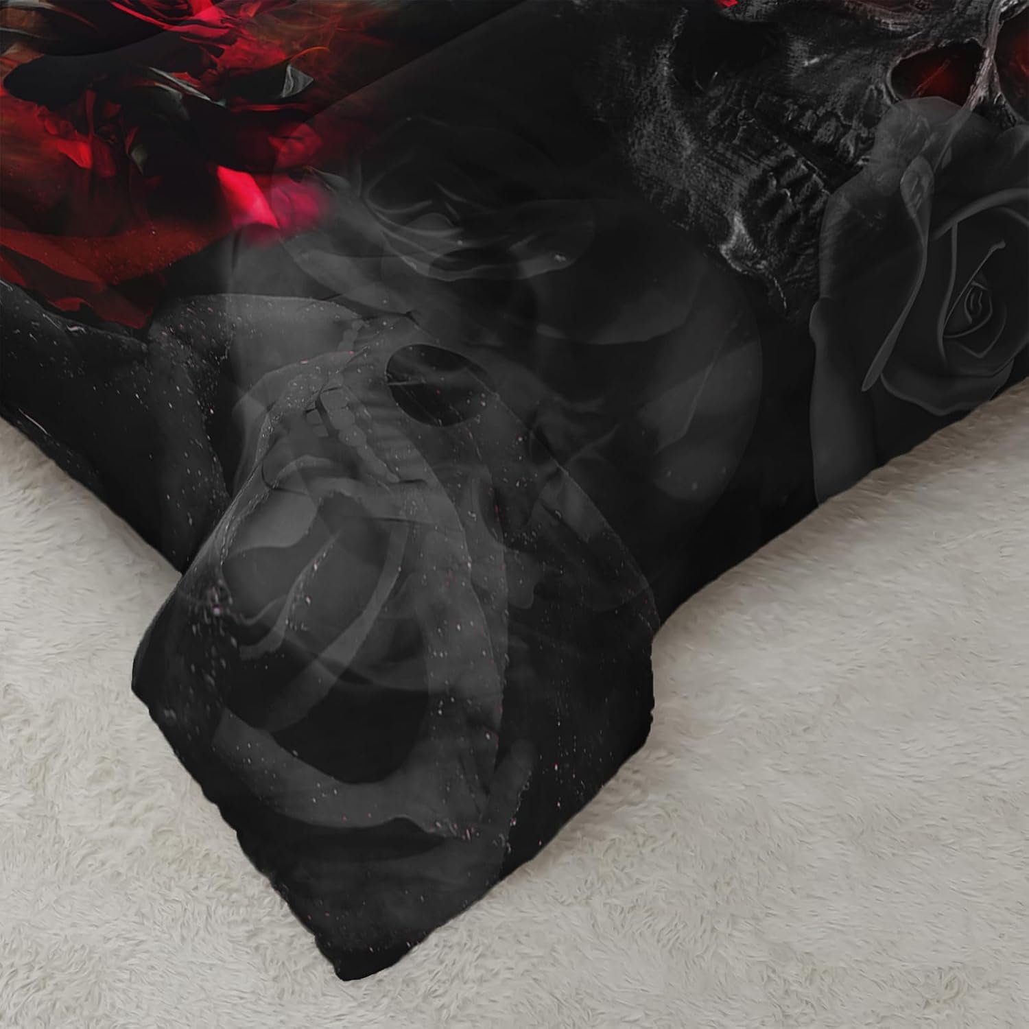 AILONEN Skull Comforter Set Queen Size, Romantic Rose Skull Bedding Set,Bedroom Decor Men Smoke Fog Luxurious Horror Nature Grey Black Print 3 Pieces(1 Comforter + 2 Pillowcases)