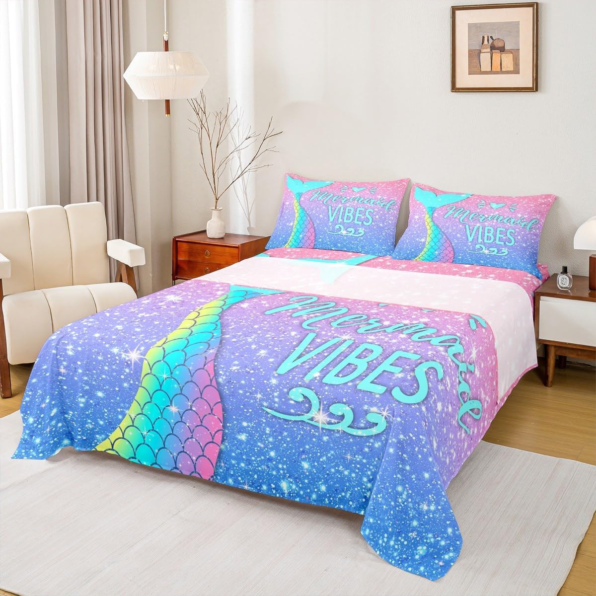 Mermaid Bed Sheet Set Queen,Glitter Galaxy Sheet Set Rainbow Mermaid Scales Bed Sheets For Kids Girls Women,Pink Blue Pastel Sequins Bedding Kawaii Ocean Coastal Animal Fitted Sheet & Flat Sheet 4 Pcs