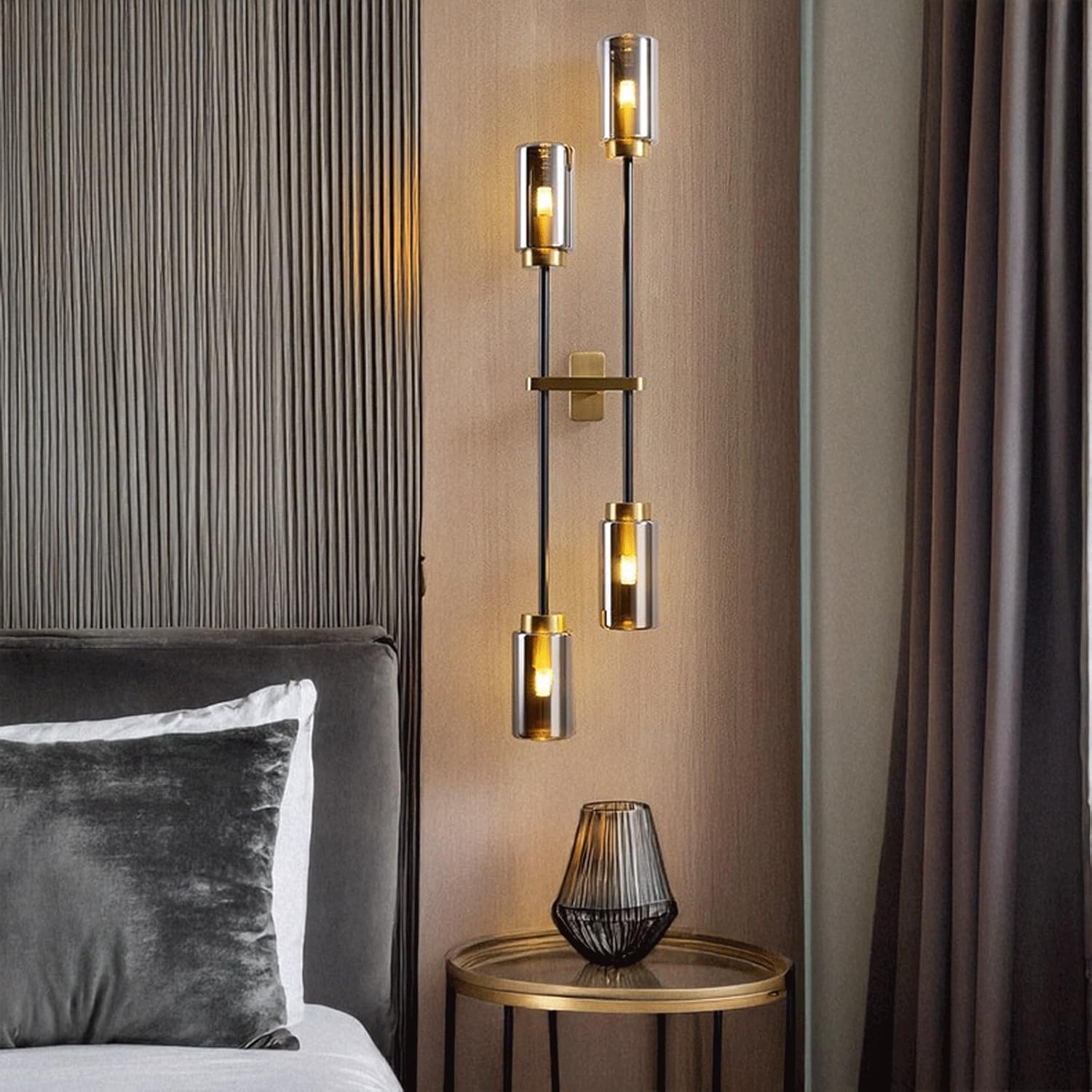 Post-Modern Luxury Unique Creative LED Wall Sconce Copper & Black Plated Arms 4 G9 Smoky Gray Glass Shades Vertical for Living Room Bedroom Study Dining Hallway Hotel Accent Lighting