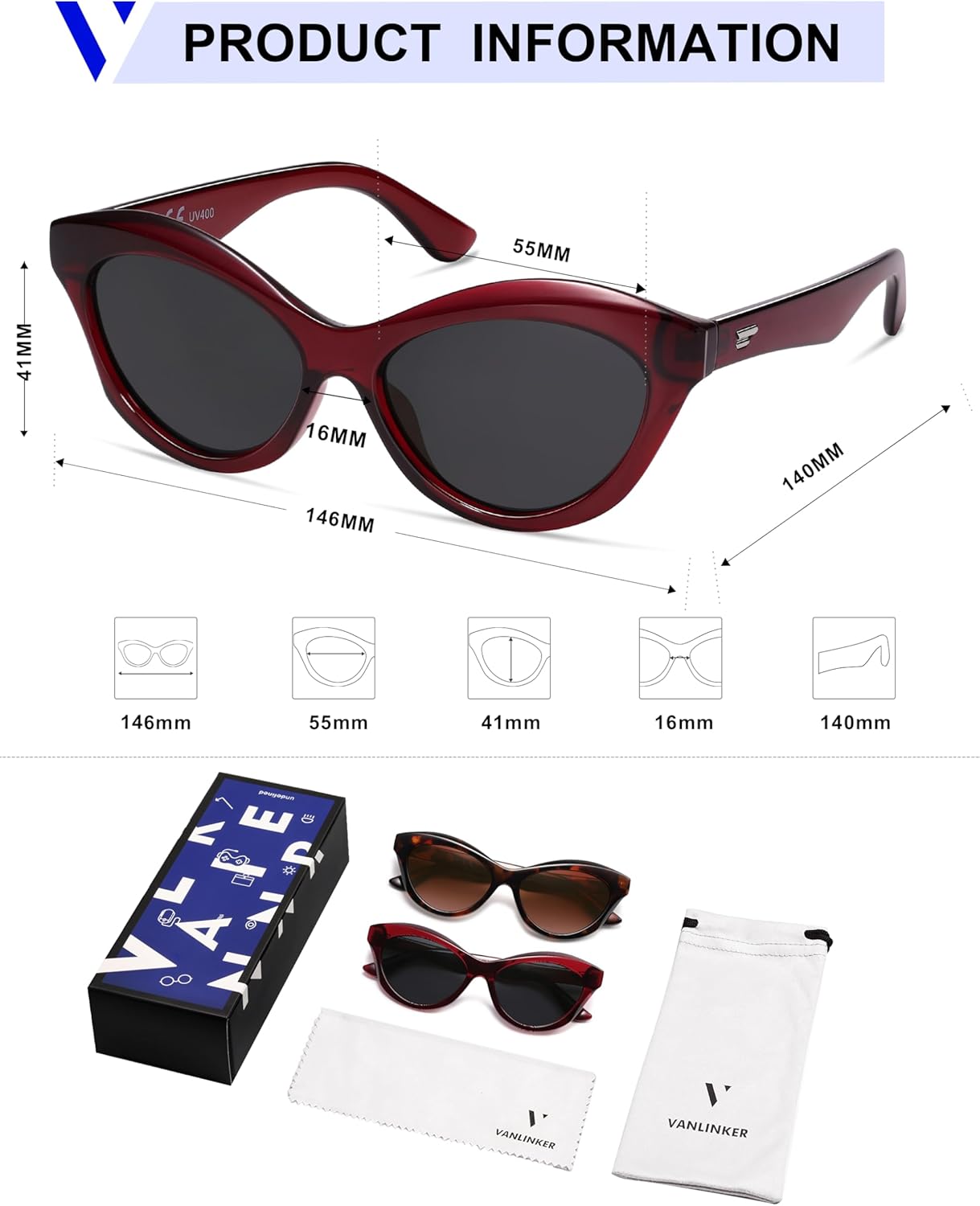 VANLINKER Retro Cat Eye Sunglasses for Women Polarized Vintage Cateye Shades VL9845 - Image 5
