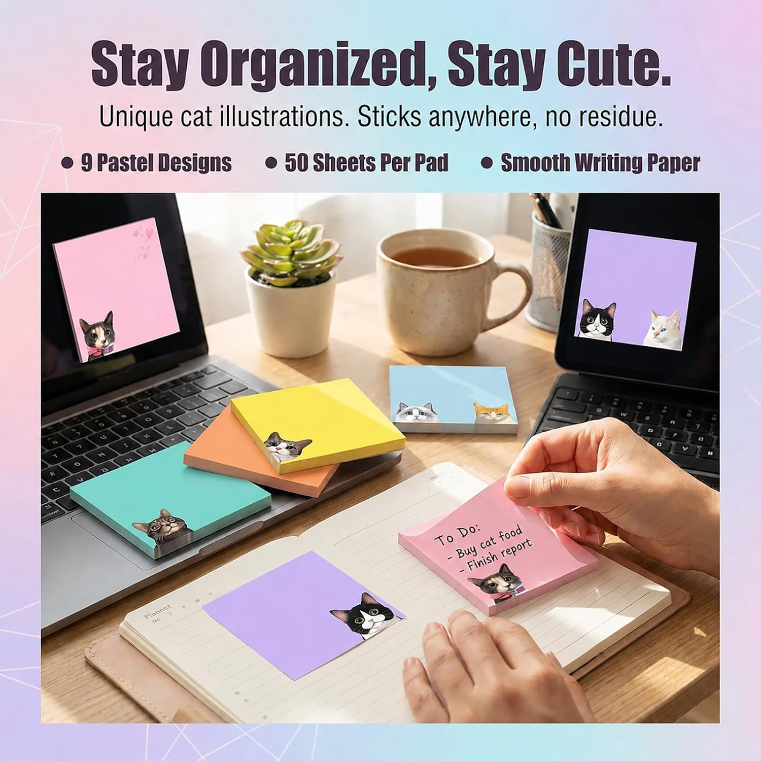 9 Pads Cute Cat Sticky Notes 3X3 Funny Post it Notes Notepads image 2