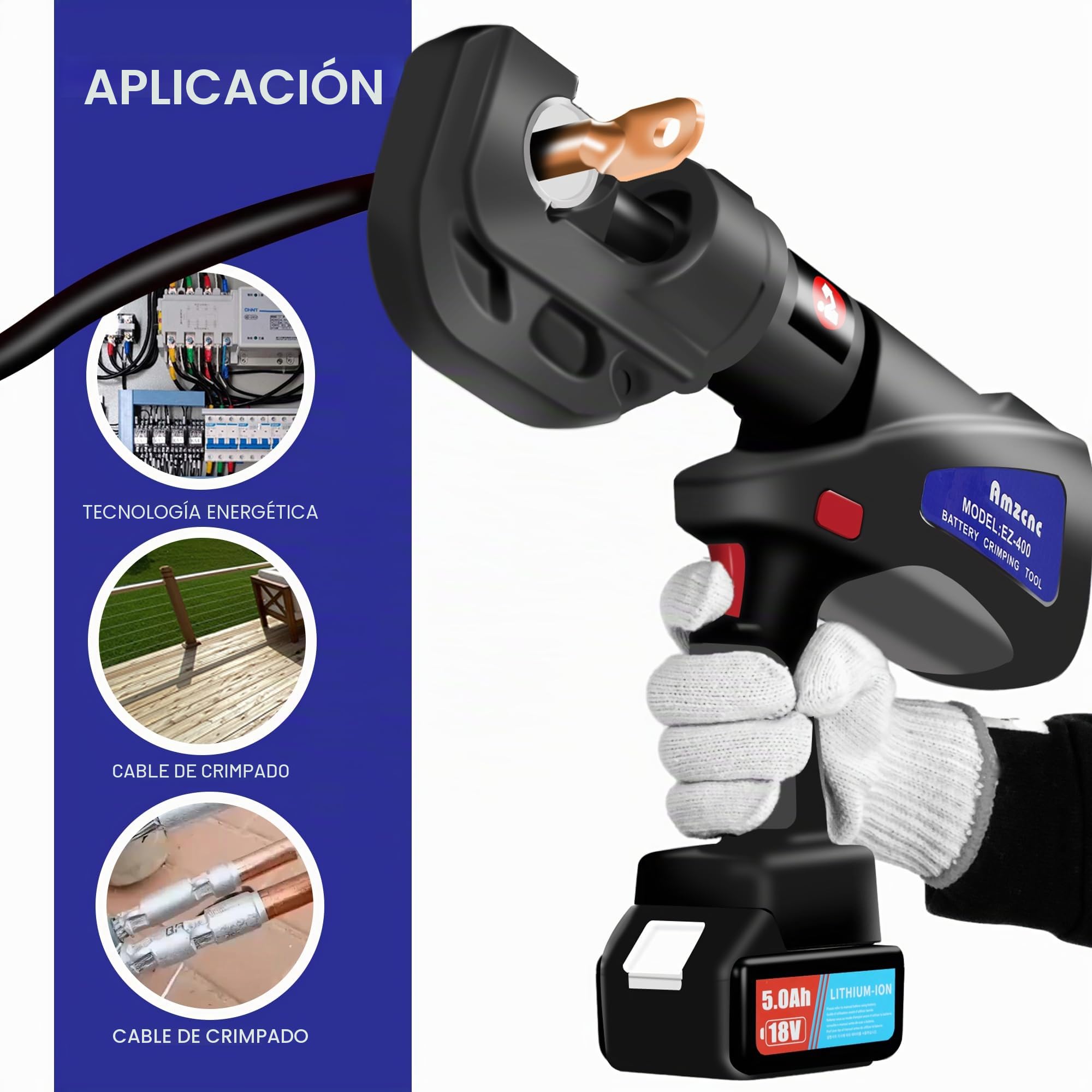 AMZCNC Crimpadora hidráulica recargable, Prensa Multicapa, baterías de litio de 18 V, 2 unidades, 10-400 mm², 13 sellos, terminales de cable