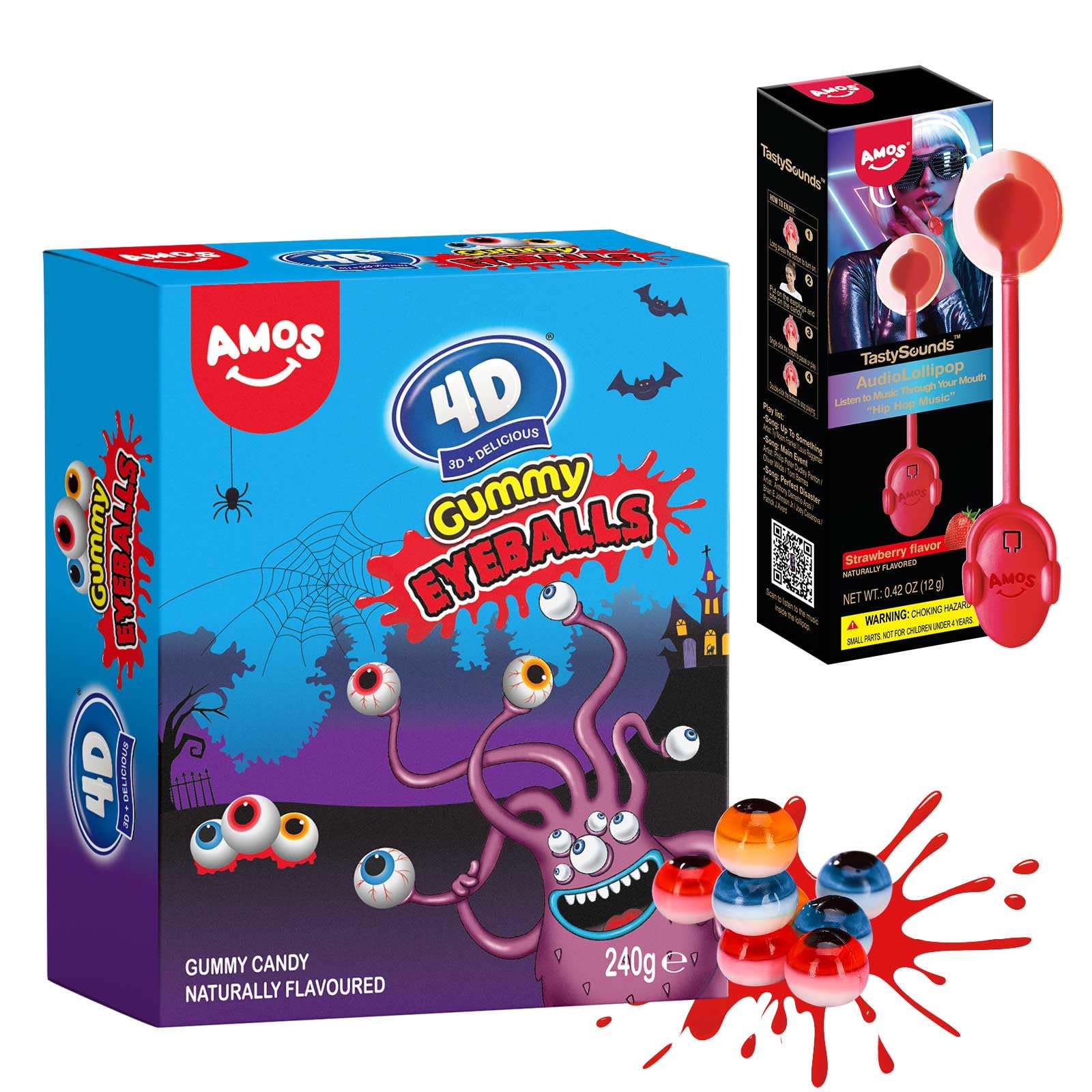 Amos Augäpfel Halloween Süßigkeiten & Erdbeere Musik Lollipop Süßigkeiten, einzeln verpackt Fruchtkauartikel Snacks, Süßigkeiten für Kinder und Partys