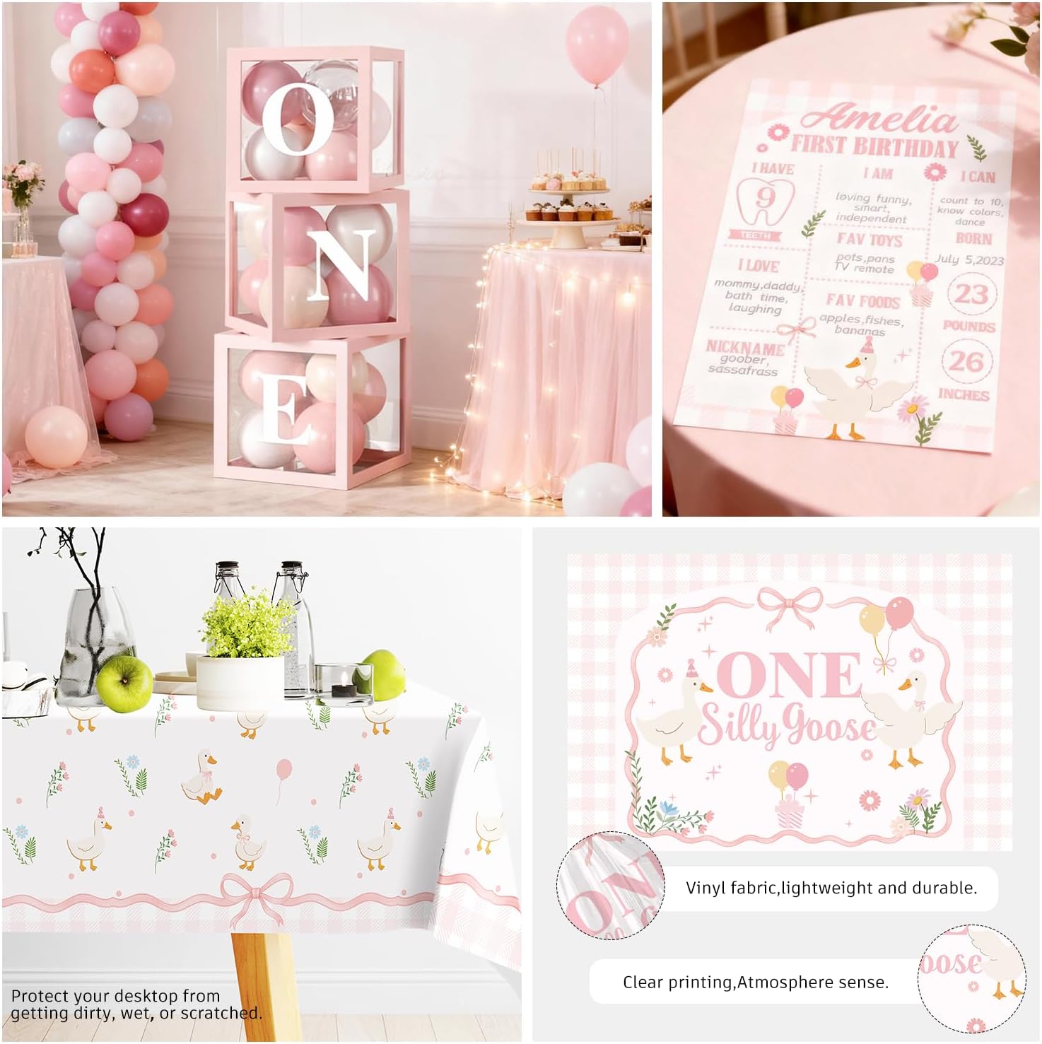 269 Pcs One Silly Goose Birthday Decor Girl, Balloon Arch Garland Party Tableware Set for 25 Guests, 1st Pink Silly Goose First Birthday Decorations for Girl