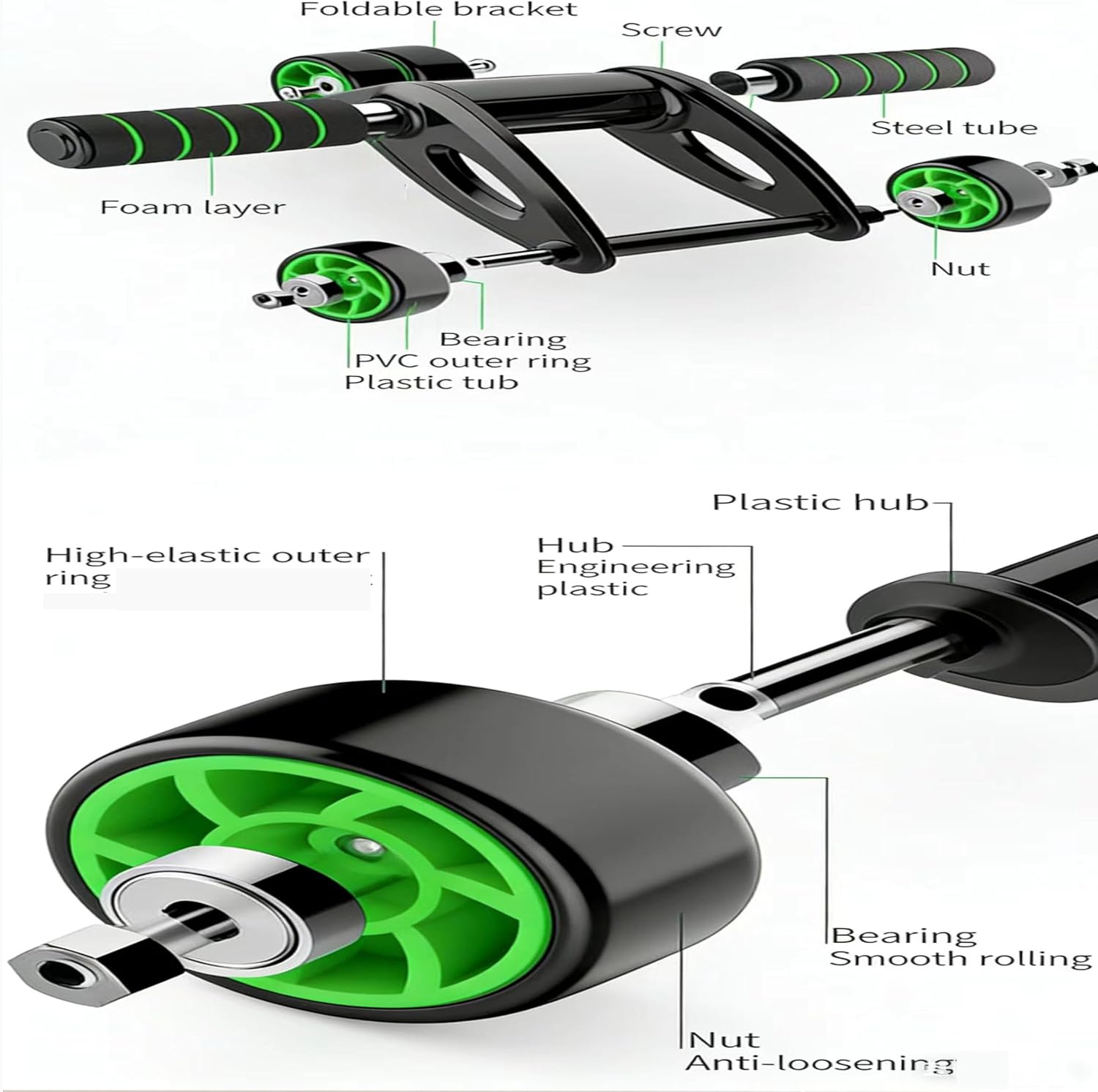 Foldable 4-Wheel Ab Roller with Detachable Handles, Stable Core Workout Equipment for Home Gym, Abdominal Exercise Roller for Men and Women