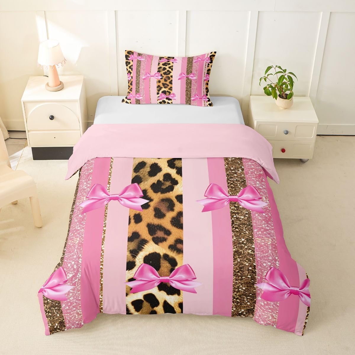 jejeloiu Leopard Print Duvet Cover Toddler Size Coquette Bow Comforter Cover for Boys Girls Pink Stripe Glitter Pattern Bedding Set 2Pcs Fashion Leopard Room Decor