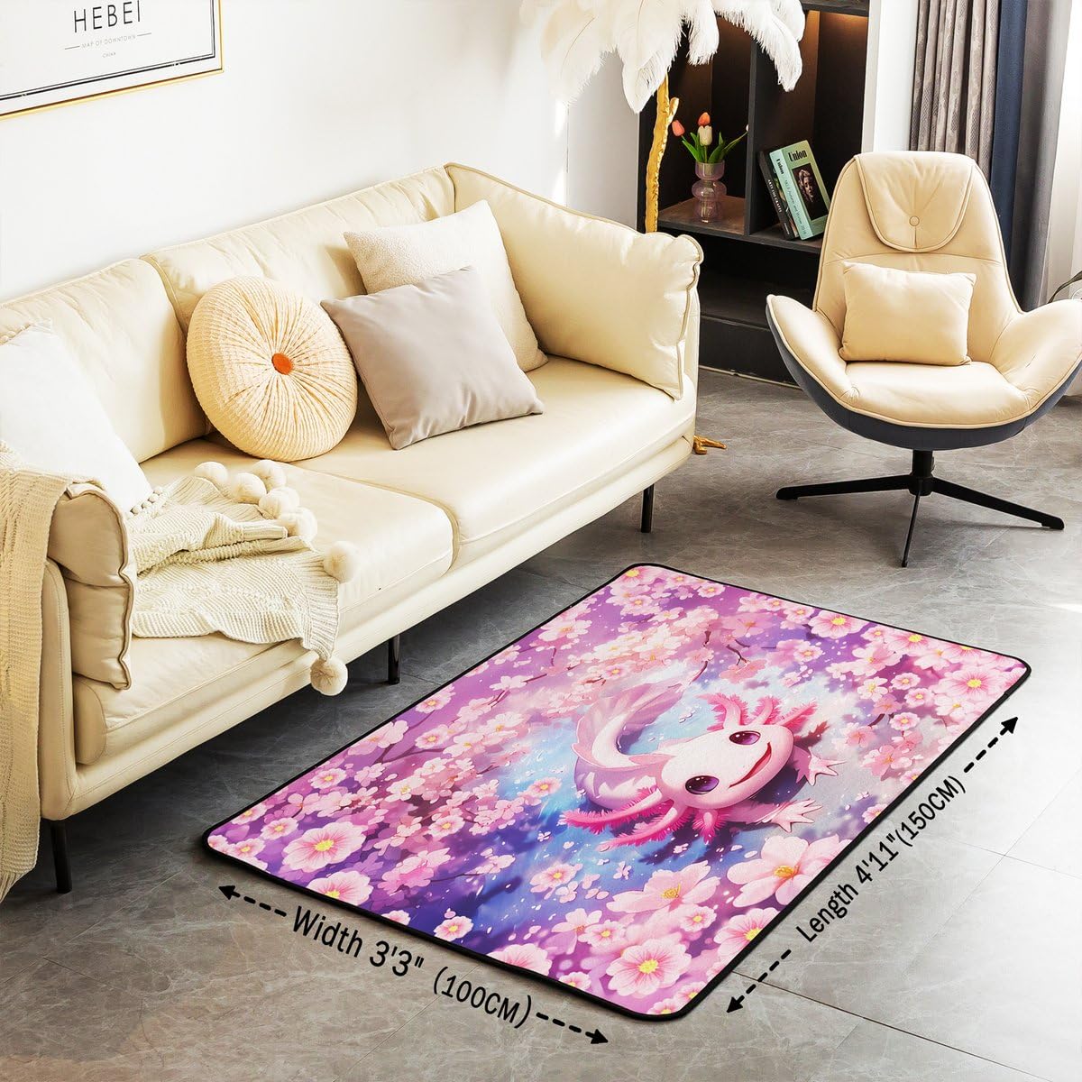 Homewish Uroczy różowy aksolotl dywanik 100 x 150 cm dzieci dziewczęta wybrzeże ocean zwierzę dywan preppy kawaii marzycielski aksolotl wewnętrzna mata podłogowa różowy kwiat wiśni dekoracyjny
