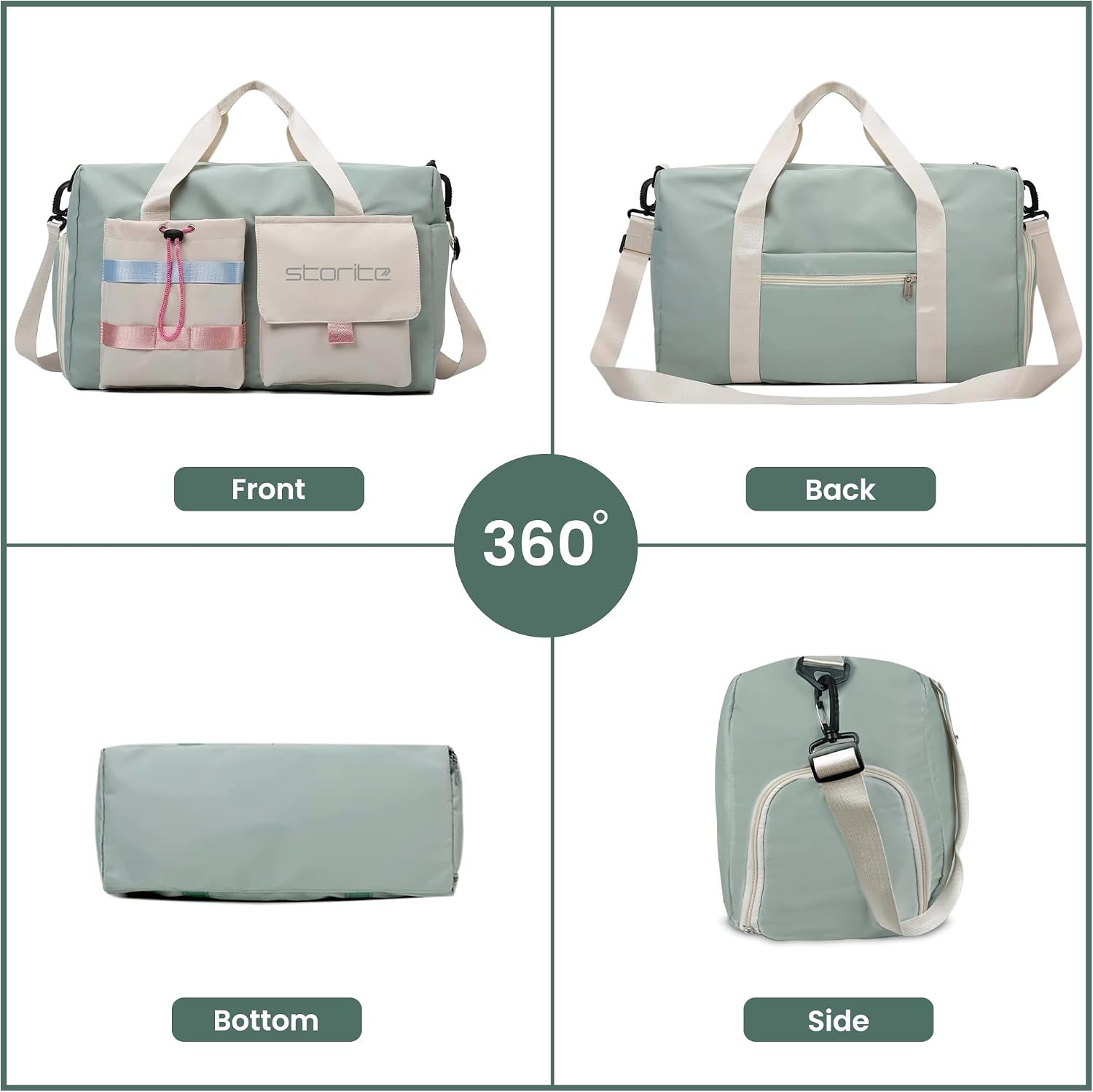 Storite Nylon 45 cms Imported Travel Duffle Bag Muti- Pocket Sports Shoulder Bag for Women with Wet Pocket & Shoe Compartment Weekender Overnight Travel Luggage Bag (Pista Green -45cmX31cmX17cm