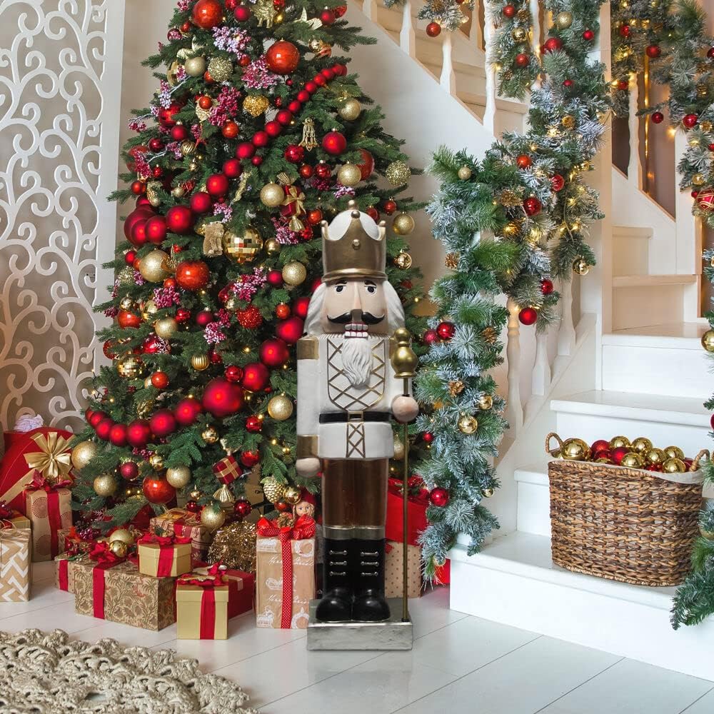Fraser Hill Farm 48-Inch Nutcracker Figurine Holding Staff, Large Indoor Christmas Decoration, Elegant Holiday Home Decor, Festive Nutcracker Soldier Statue for Entryway or Living Room, White and Gold