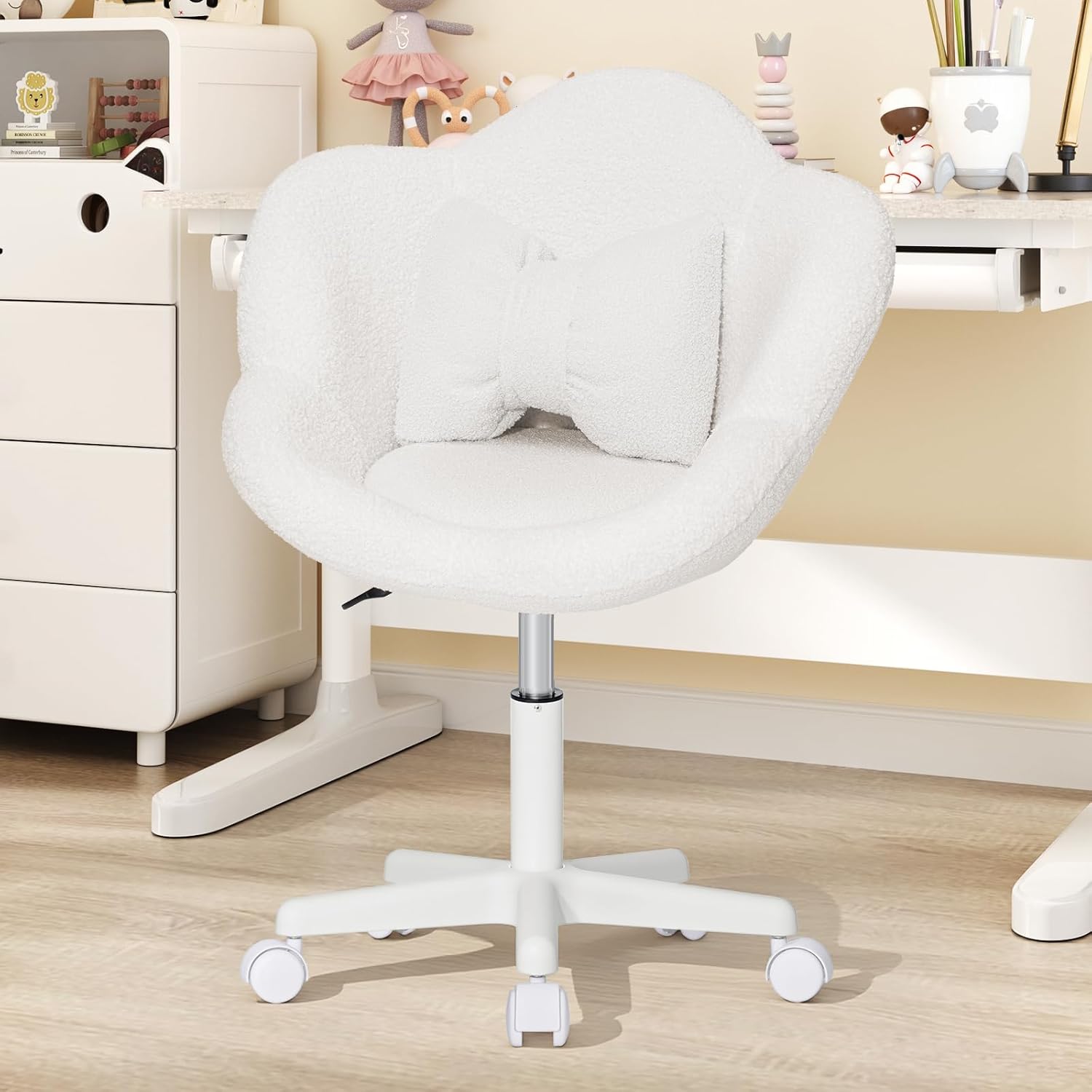 HOFFREE Kids Desk Chair Ergonomic Flower Study Chair Boucle Swivel Kids Computer Chair Adjustable Height Cute Children Desk Chair for Boys Girls in Home Bedroom Study Room Pink and Beige
