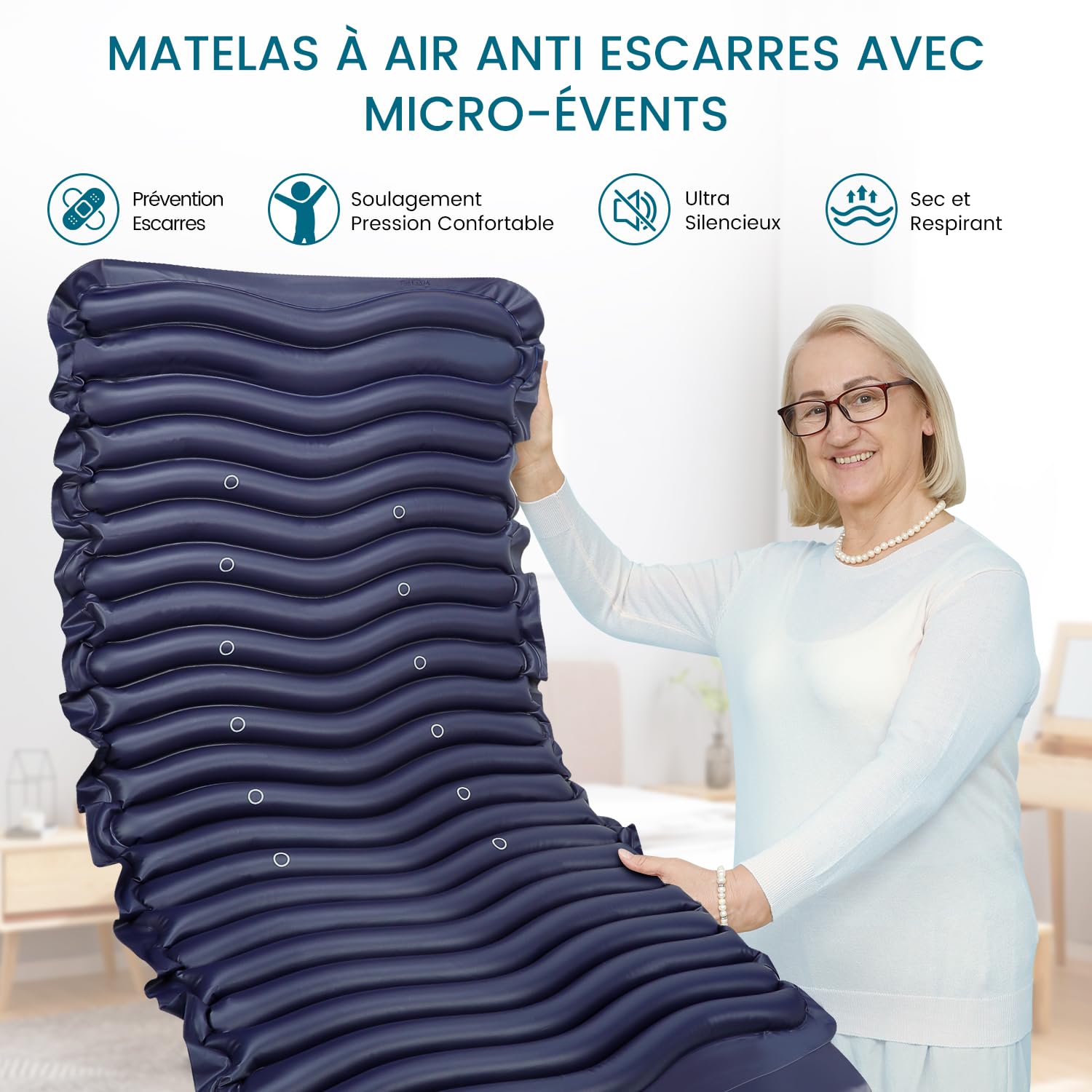 Kekoy Matelas Anti-Escarre à Pression Alternée, Prévention des Escarres de Lit avec Micro-évents, Pompe Silencieuse, Imperméable, pour Hôpitaux, Maisons et Lits Médicalisés - 190 x 90 cm (Bleu)
