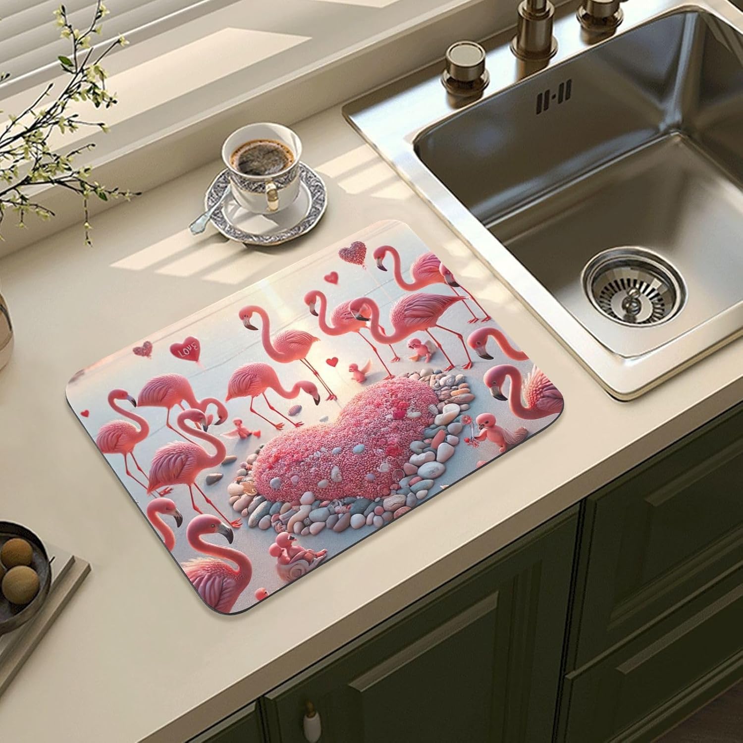 Drying Mat for Coffee Machine Dish Rack Flamingo Heart Pink Dish Drying Mat Non Slip Counter Mat, 23.6" x 19.7"