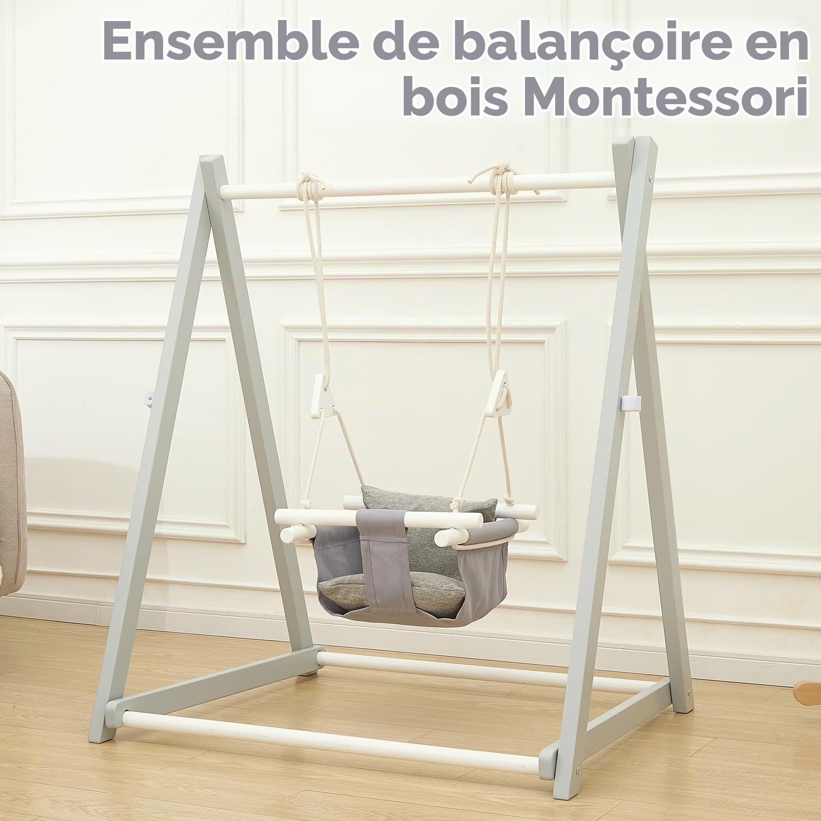 FUNLIO Balançoire en Bois Pliable pour Les Enfants de 6 à 36 Mois. Fabriquée en pin Durable, Portable avec 4 Sacs de Sable et des Sangles d'extension. Utilisation intérieure/extérieure - Gris