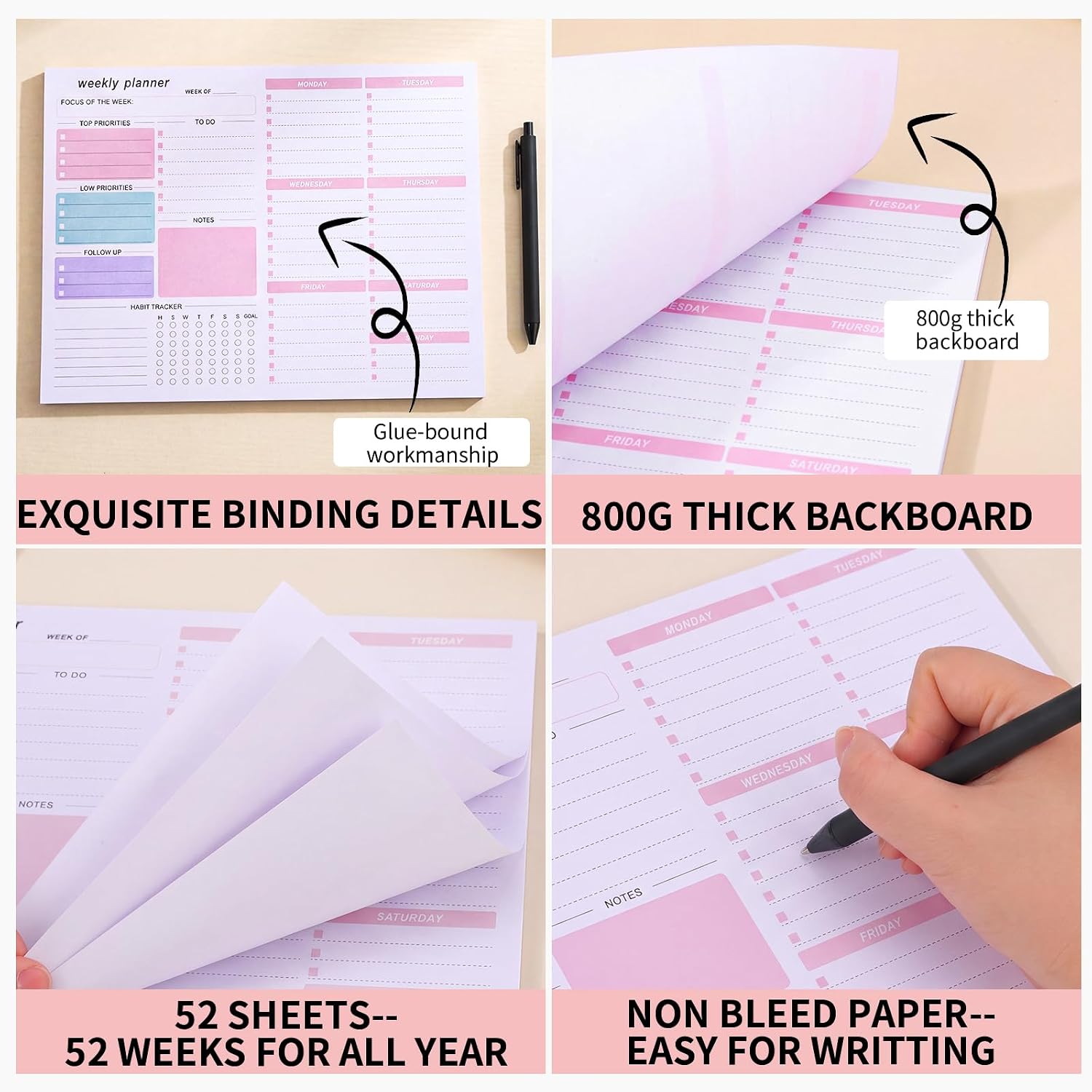 Weekly Planner Notepad A4 Pink Tear Off 52 Sheets with 4 Decorative Sticker image 4