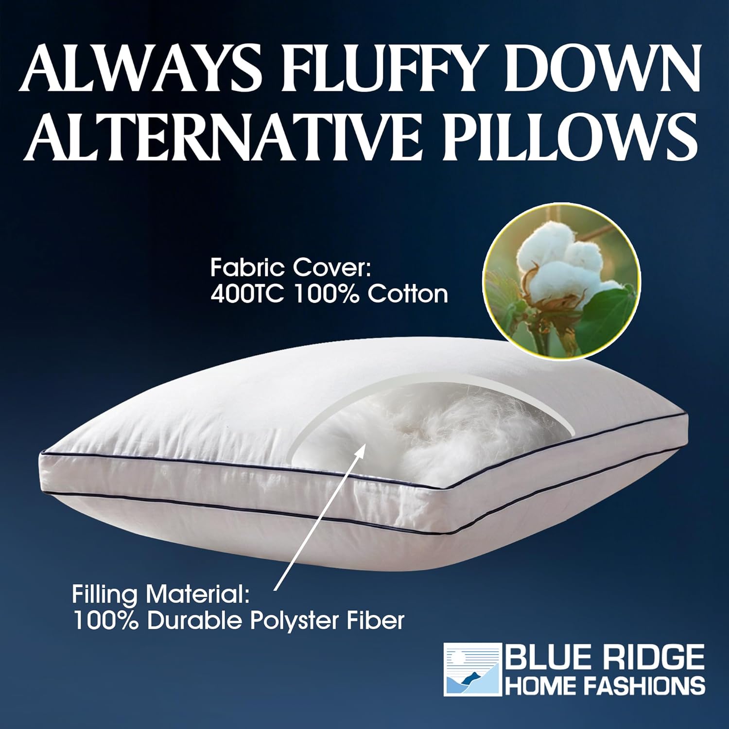 Blue Ridge Home Fashions Hotel Bed Pillows Queen Size Set of 2, 400 Thread Count 100% Cotton Cover, Medium Firm, Support Gusseted Down Alternative Pillow for Back, Stomach or Side Sleepers, 18" x 26"