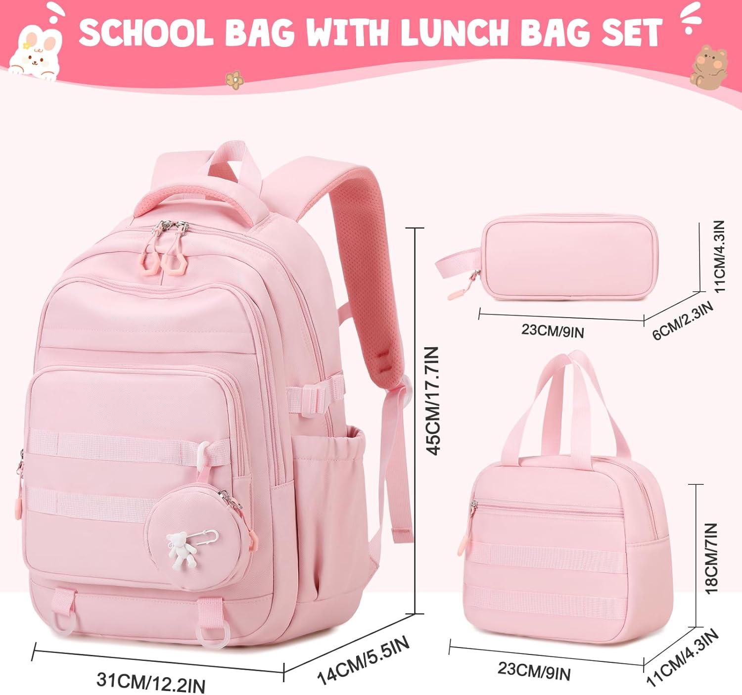 Backpacks for Girls - 4PCS Girls Backpack with Lunch Bag & Pencil Pouch Coin Pruse for Teens Kids Elementary Middle High School College Student Bookbag Daypack (Pink) image 2 of 7 B0DP65C5BV
