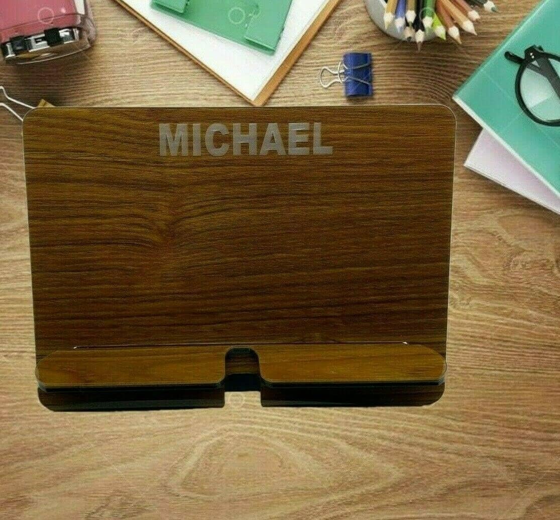 MIRROR MANIA Wood Tone Acrylic Tablet Ipad Holder Stand Custom Desktop Organizer Personalized Free Engraved Made to Order, Features Crafted Designed Space for Charging Cord