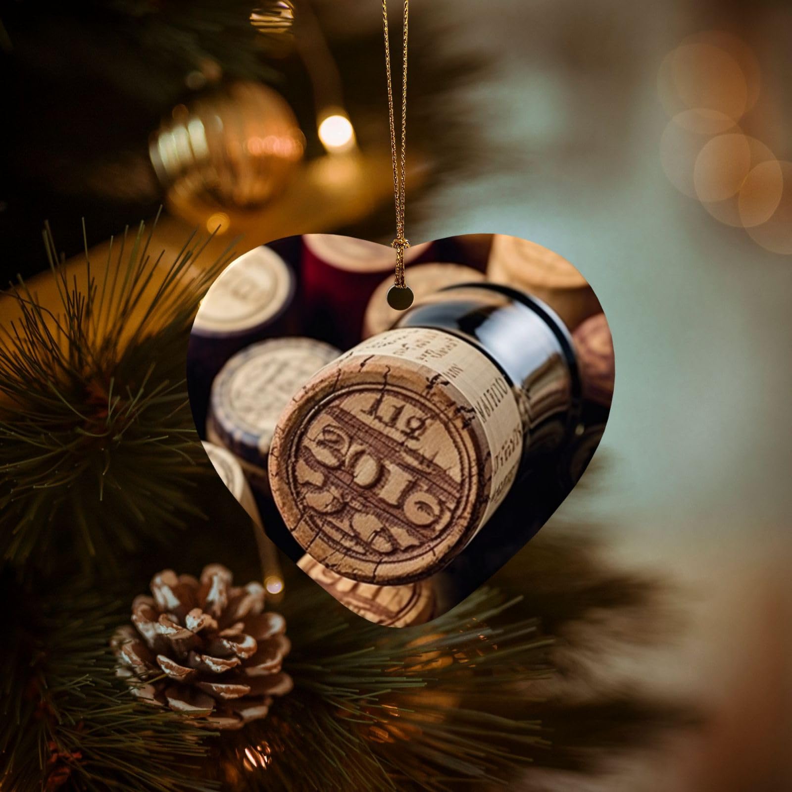 Christmas Ornaments for Christmas Tree Decoration Hanging Wine Bottle Stopper with Vintage Ornament with Gold Ribbon Crafts Heart Shape Ceramic Pendant for Keepsake Gifts Xmas Decor Party Supplies