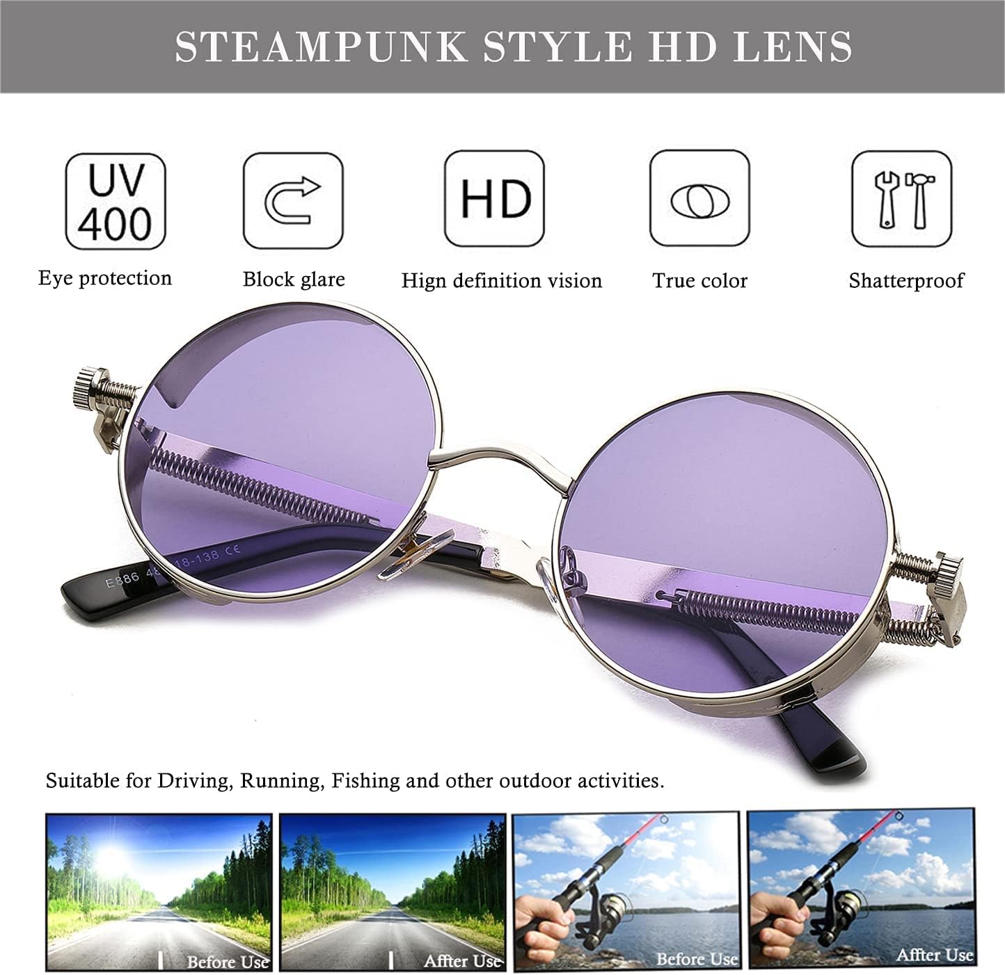 HJSTES Vintage Round Steampunk Sunglasses for Women Men Circle Gothic Glasses Retro Metal Frame - Image 5